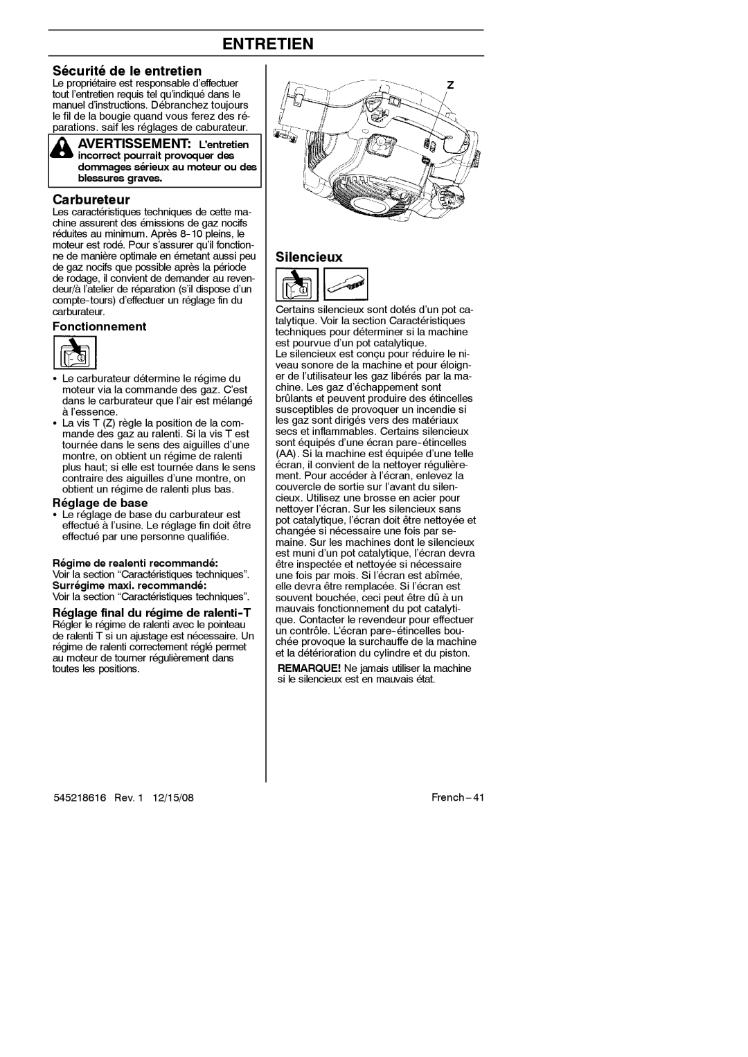 RedMax HB280 manual Entretien, Sécurité de le entretien, Avertissement L’entretien, Carbureteur 