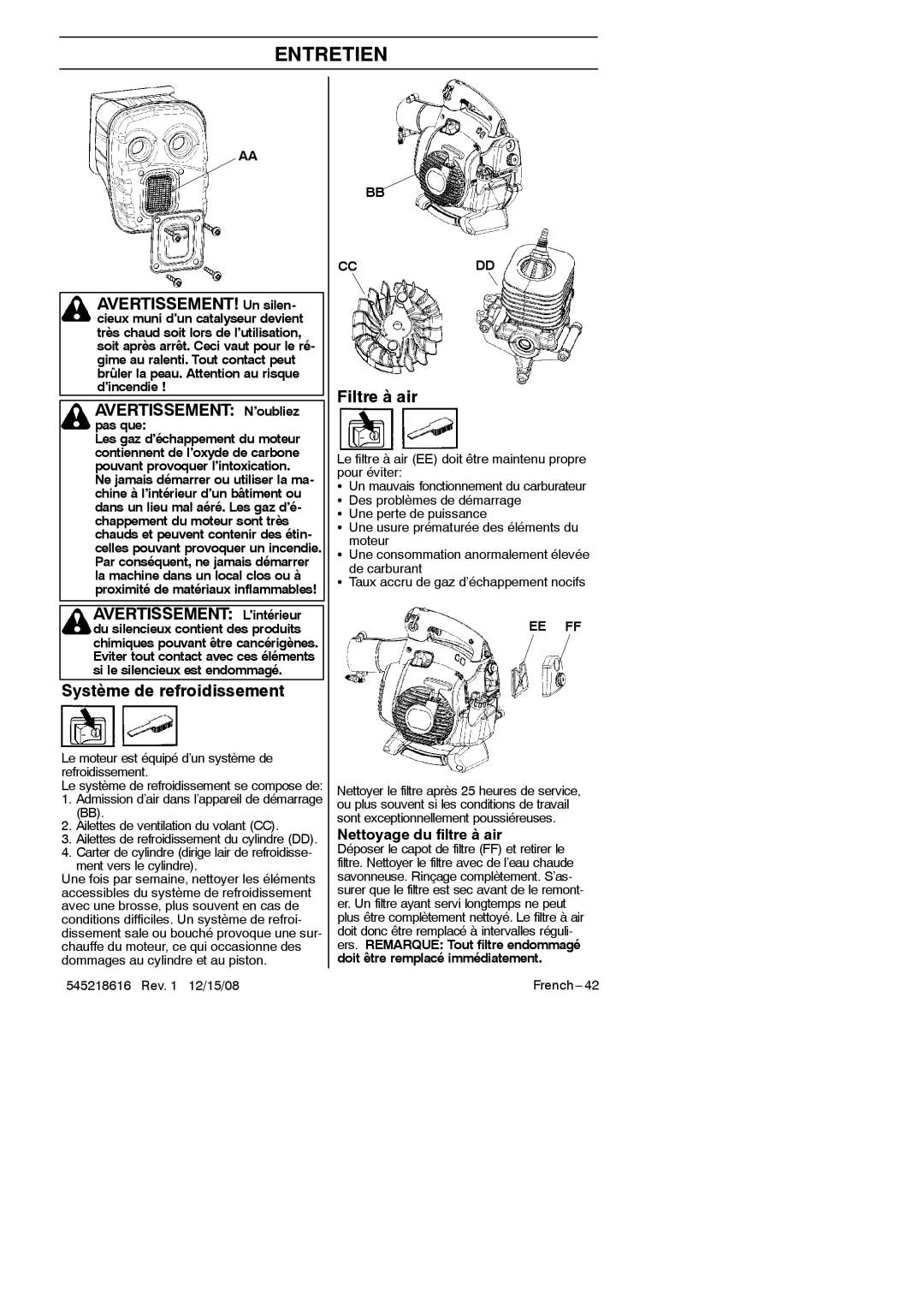 RedMax HB280 manual Avertissement N’oubliez, Avertissement L’intérieur, Système de refroidissement, Filtre à air 