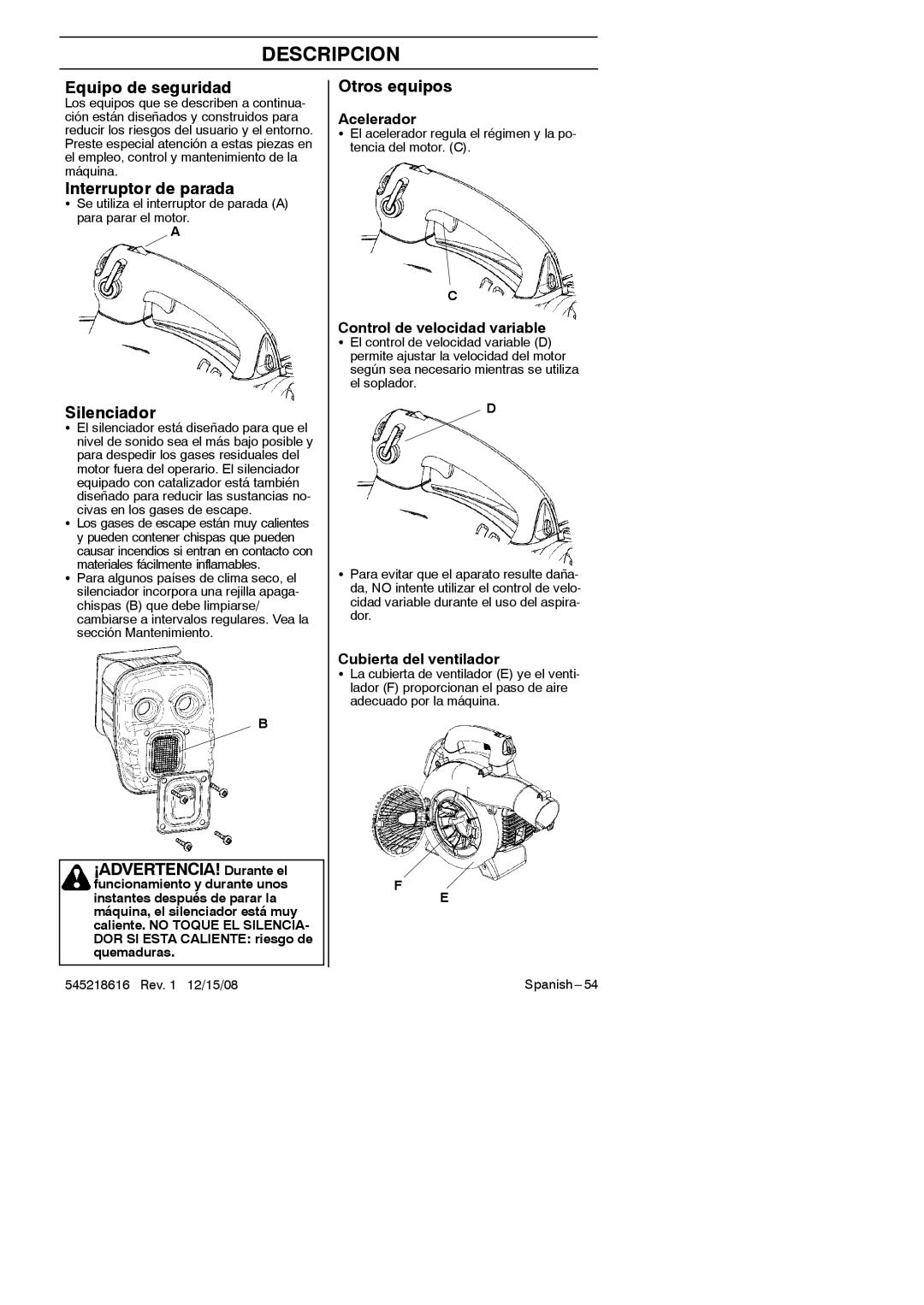 RedMax HB280 manual Equipo de seguridad, Interruptor de parada, ¡ADVERTENCIA! Durante el, Otros equipos 