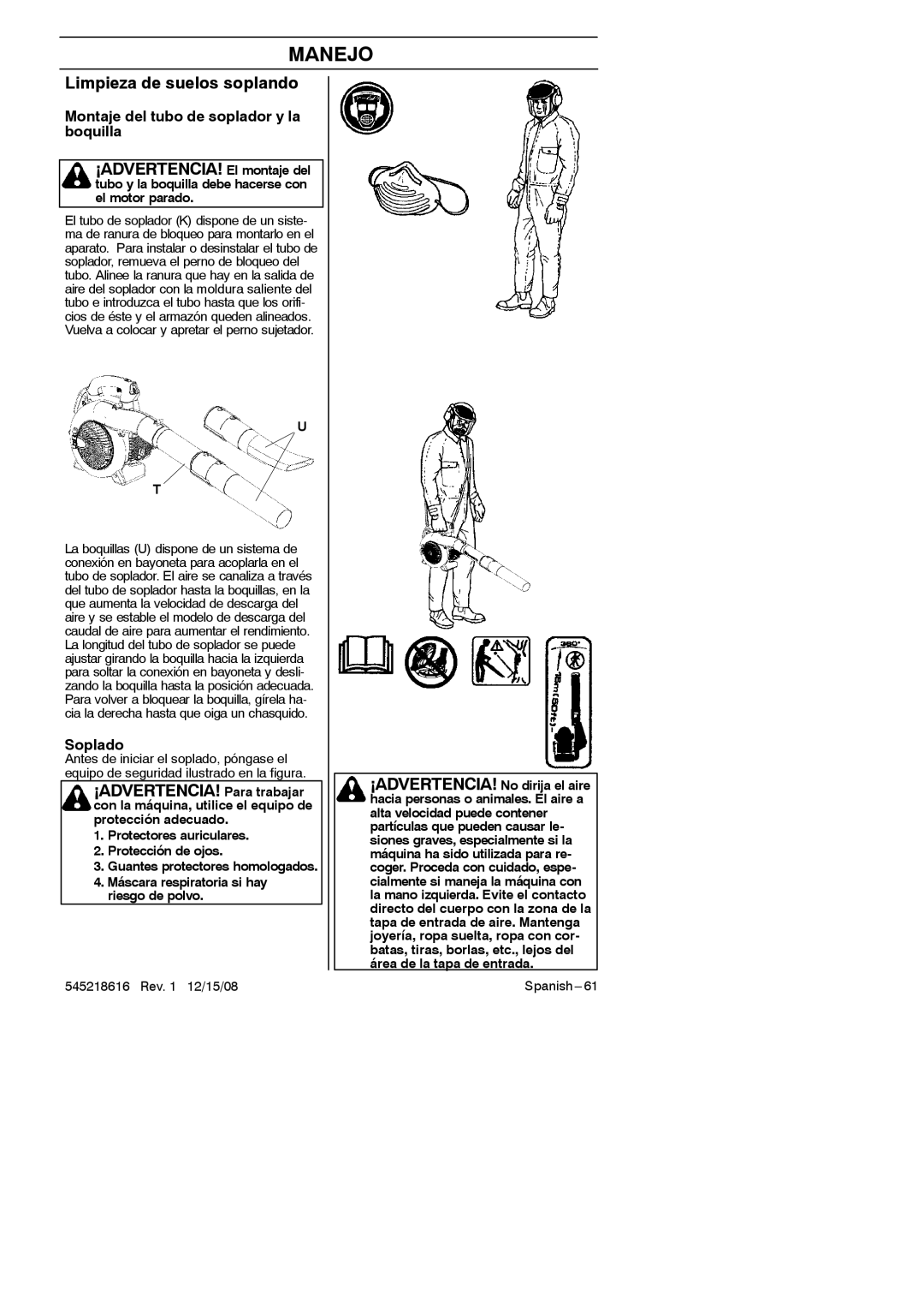 RedMax HB280 manual Manejo, Limpieza de suelos soplando, ¡ADVERTENCIA! El montaje del, ¡ADVERTENCIA! Para trabajar 