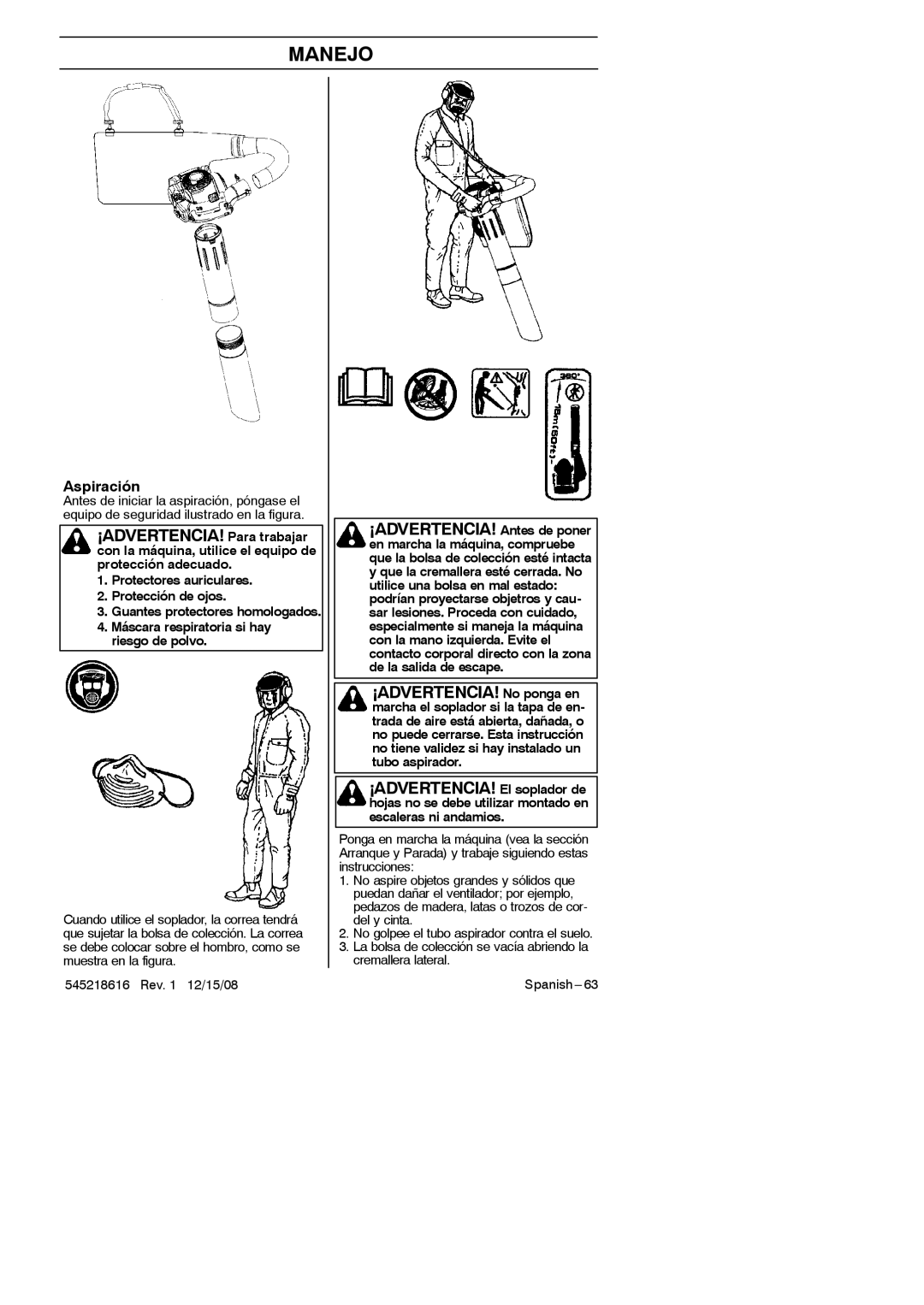 RedMax HB280 manual ¡ADVERTENCIA! Antes de poner, Aspiración, Hojas no se debe utilizar montado en escaleras ni andamios 