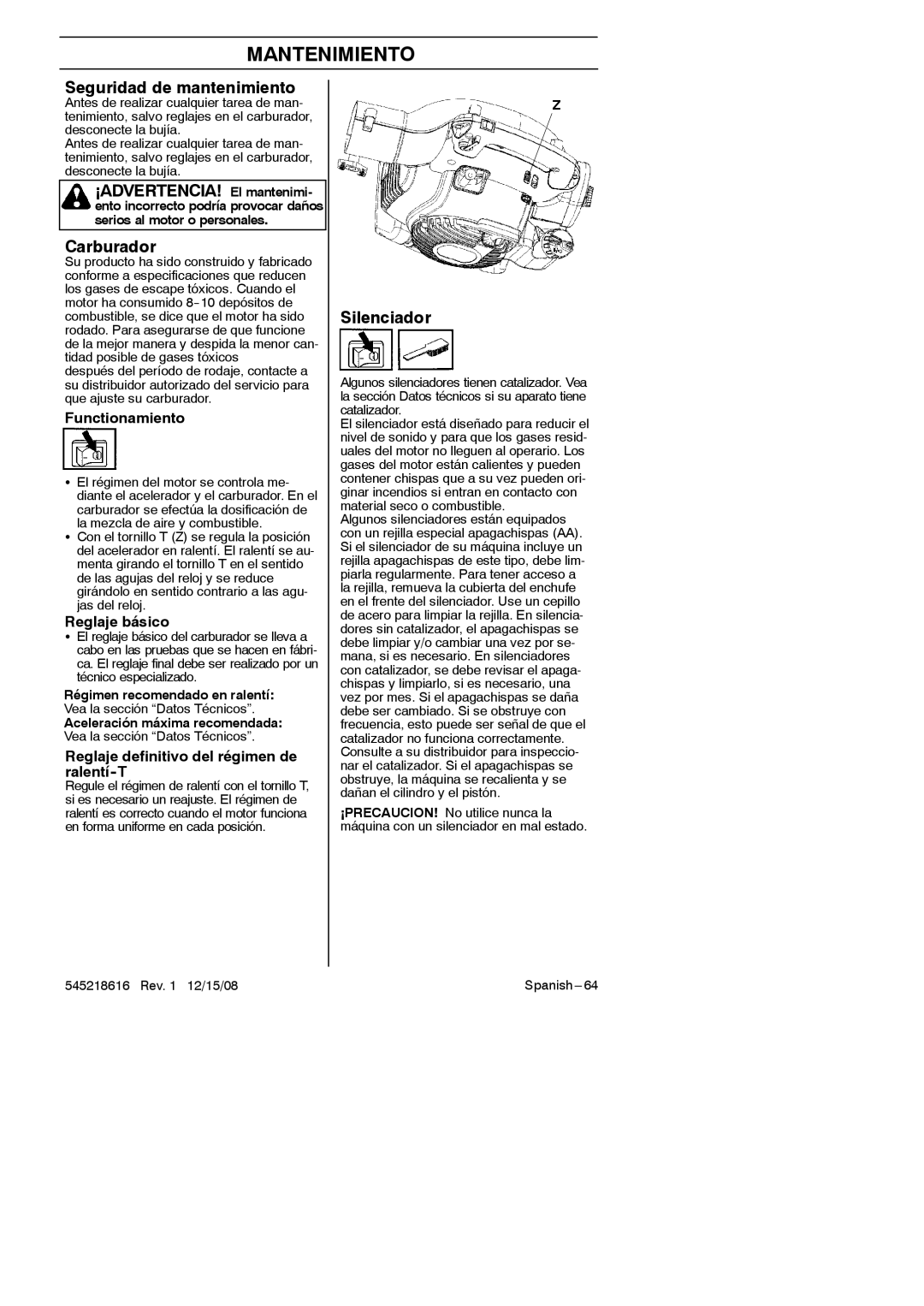 RedMax HB280 manual Mantenimiento, Seguridad de mantenimiento, ¡ADVERTENCIA! El mantenimi, Carburador 