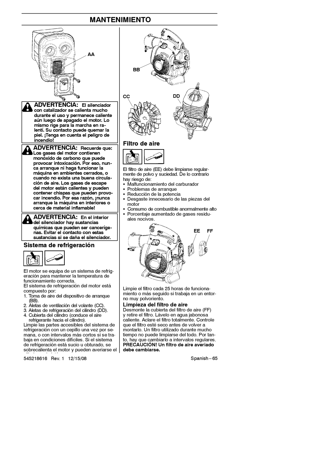 RedMax HB280 manual Advertencia Recuerde que, Sistema de refrigeración, Filtro de aire, Limpieza del filtro de aire 