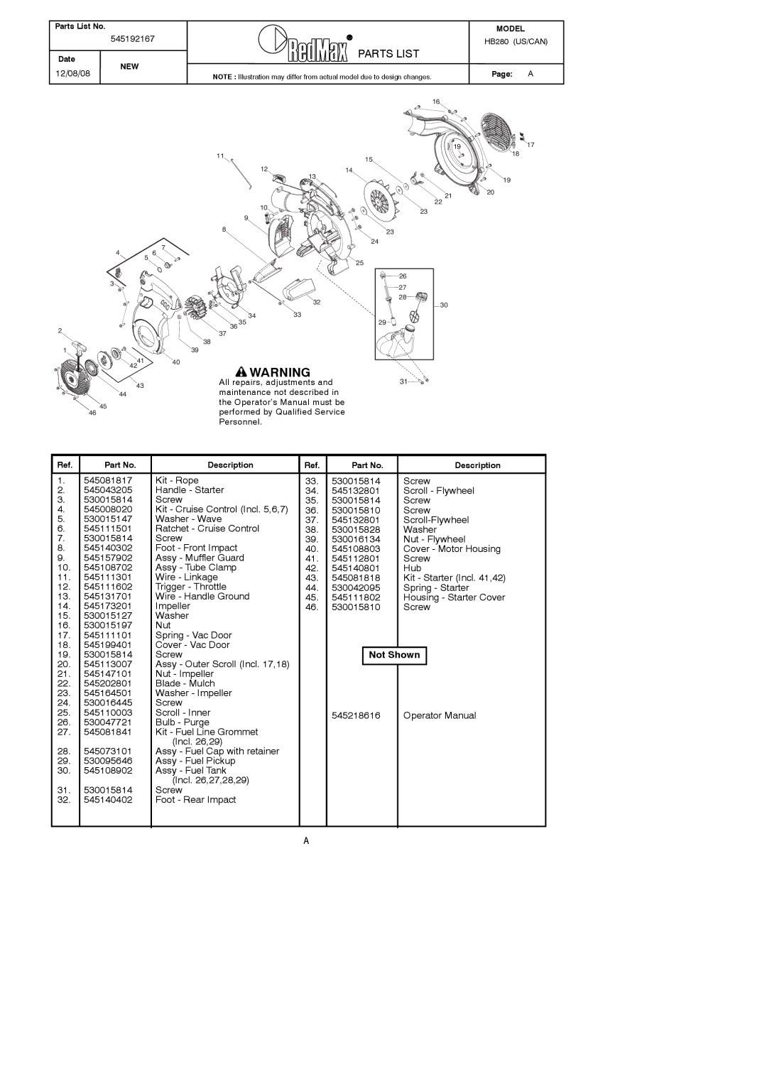 RedMax HB280 manual Parts List 