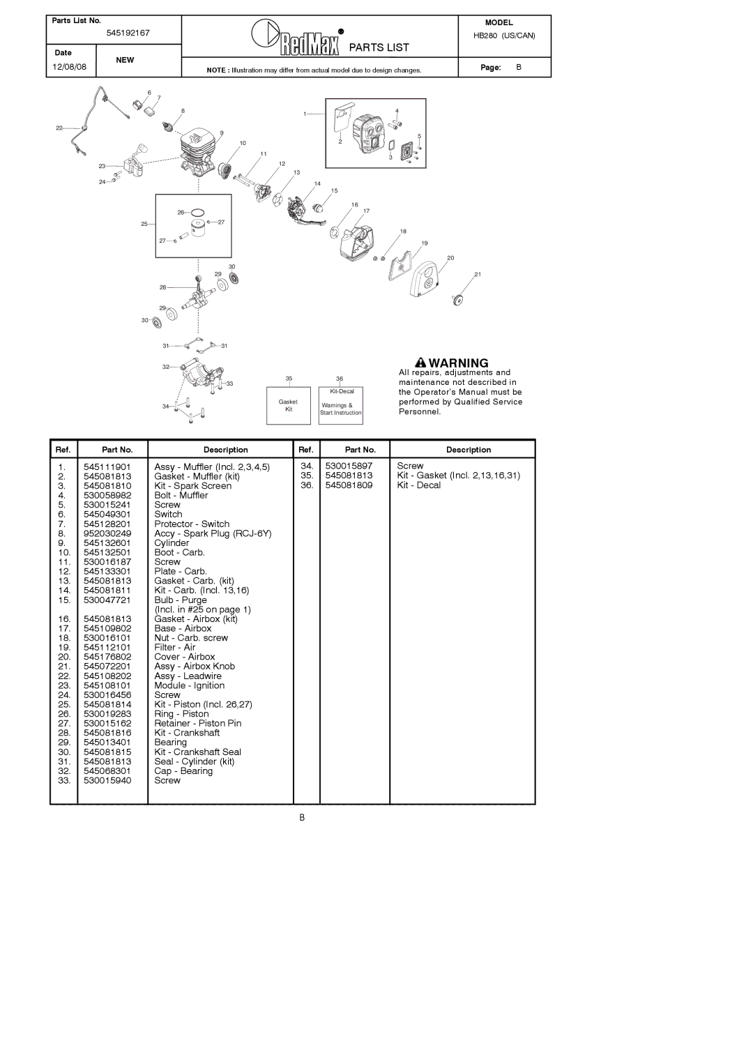 RedMax HB280 manual Parts List 