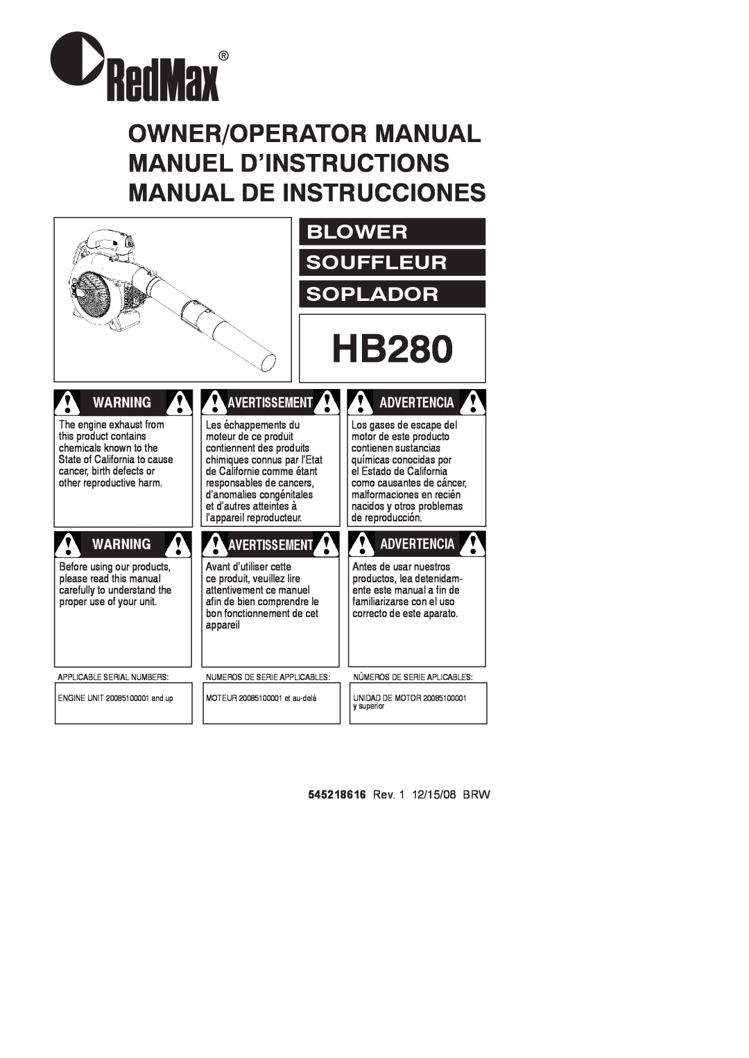 RedMax HB280 manual Blower Souffleur Soplador, Avertissement, Advertencia, 545218616 Rev. 1 12/15/08 BRW 