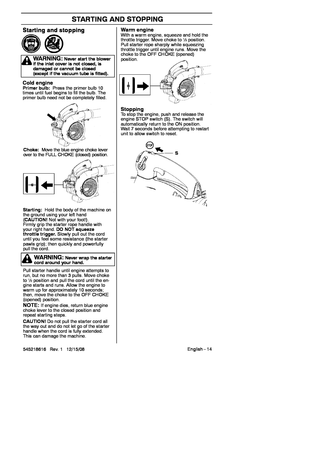 RedMax HB280 manual Starting And Stopping, Starting and stopping, Cold engine, Warm engine 