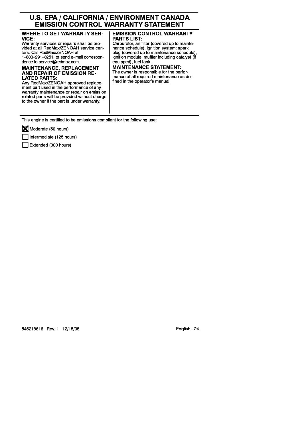 RedMax HB280 manual Where To Get Warranty Ser- Vice, Emission Control Warranty Parts List, Maintenance Statement 