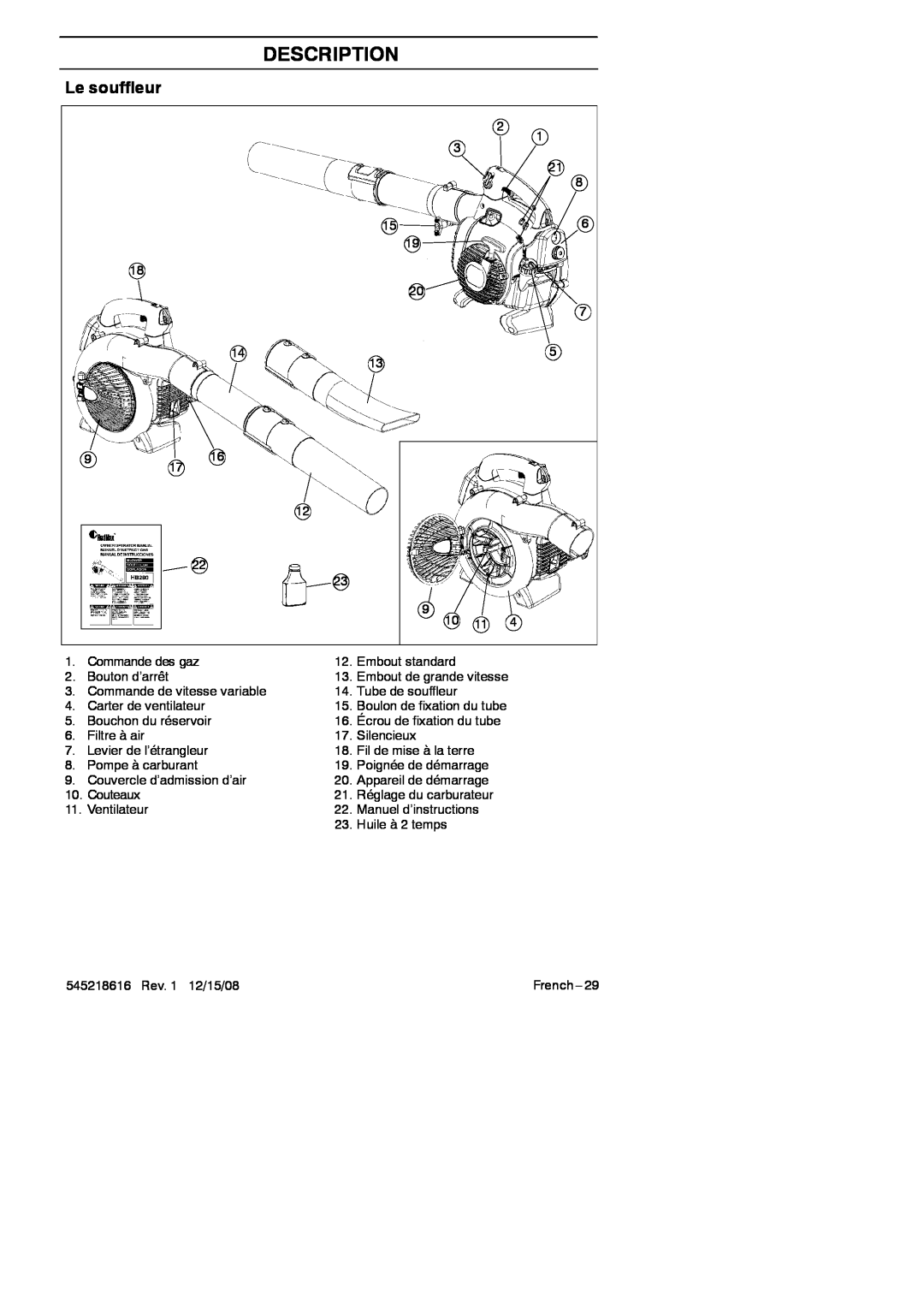 RedMax HB280 manual Le souffleur, Description 