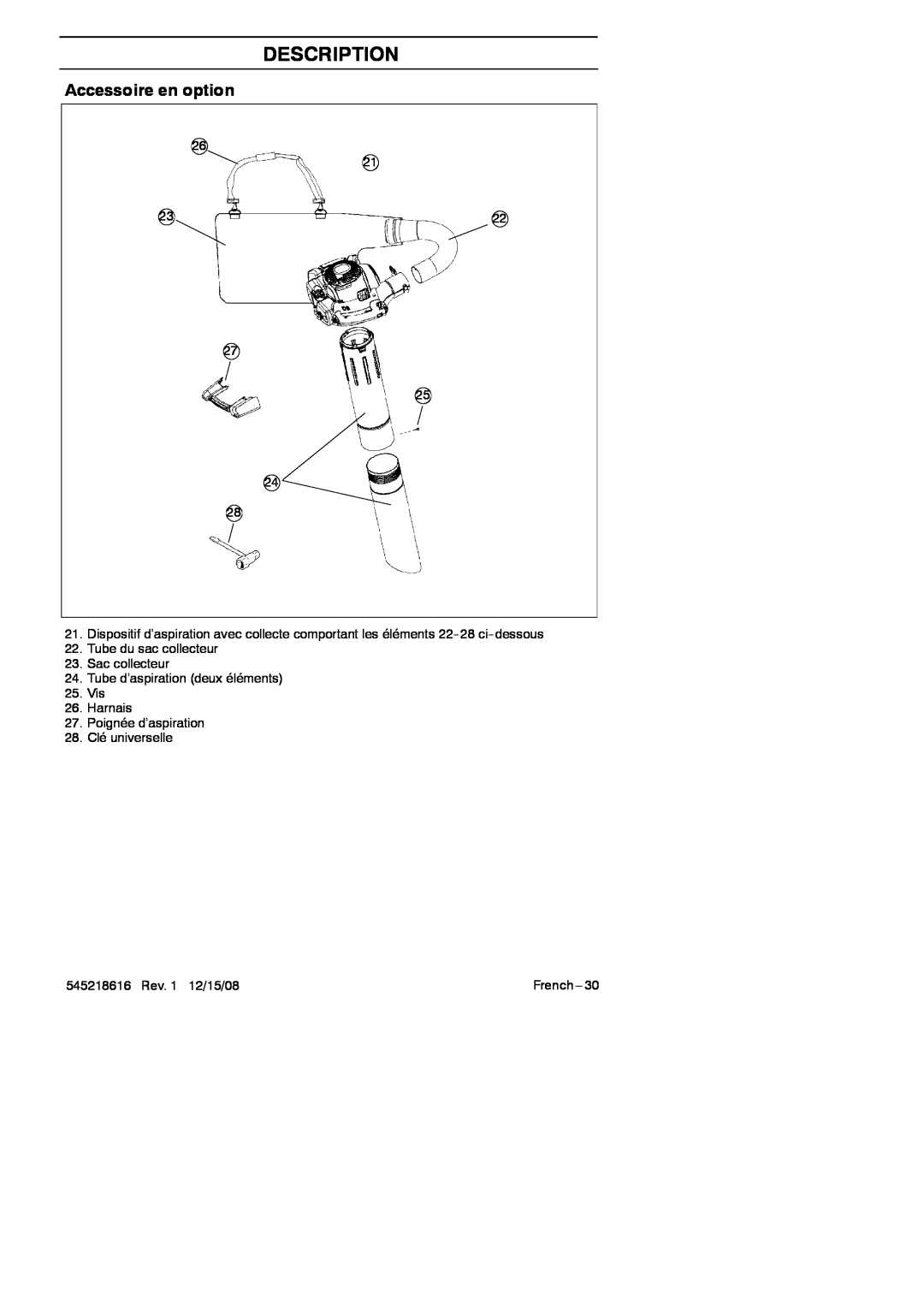 RedMax HB280 manual Accessoire en option, Description, 27 25, Tube du sac collecteur 23.Sac collecteur, 28.Clé universelle 