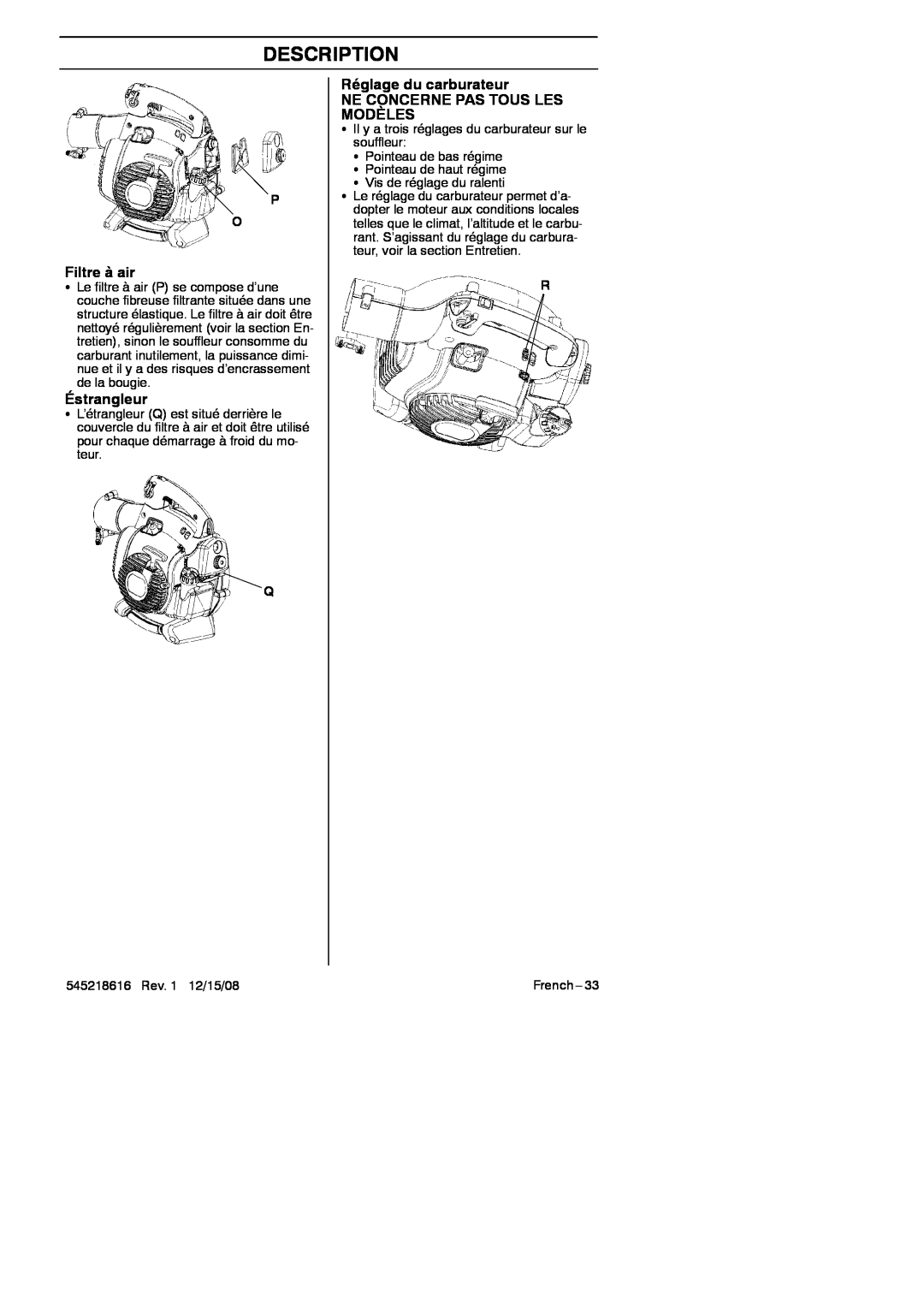 RedMax HB280 manual Filtre à air, Éstrangleur, Réglage du carburateur, Ne Concerne Pas Tous Les Modèles, Description 