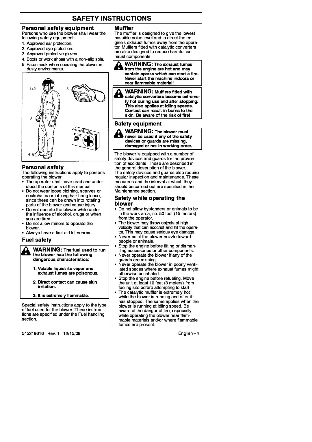 RedMax HB280 manual Safety Instructions, Personal safety equipment, Fuel safety, Muffler, Safety equipment 