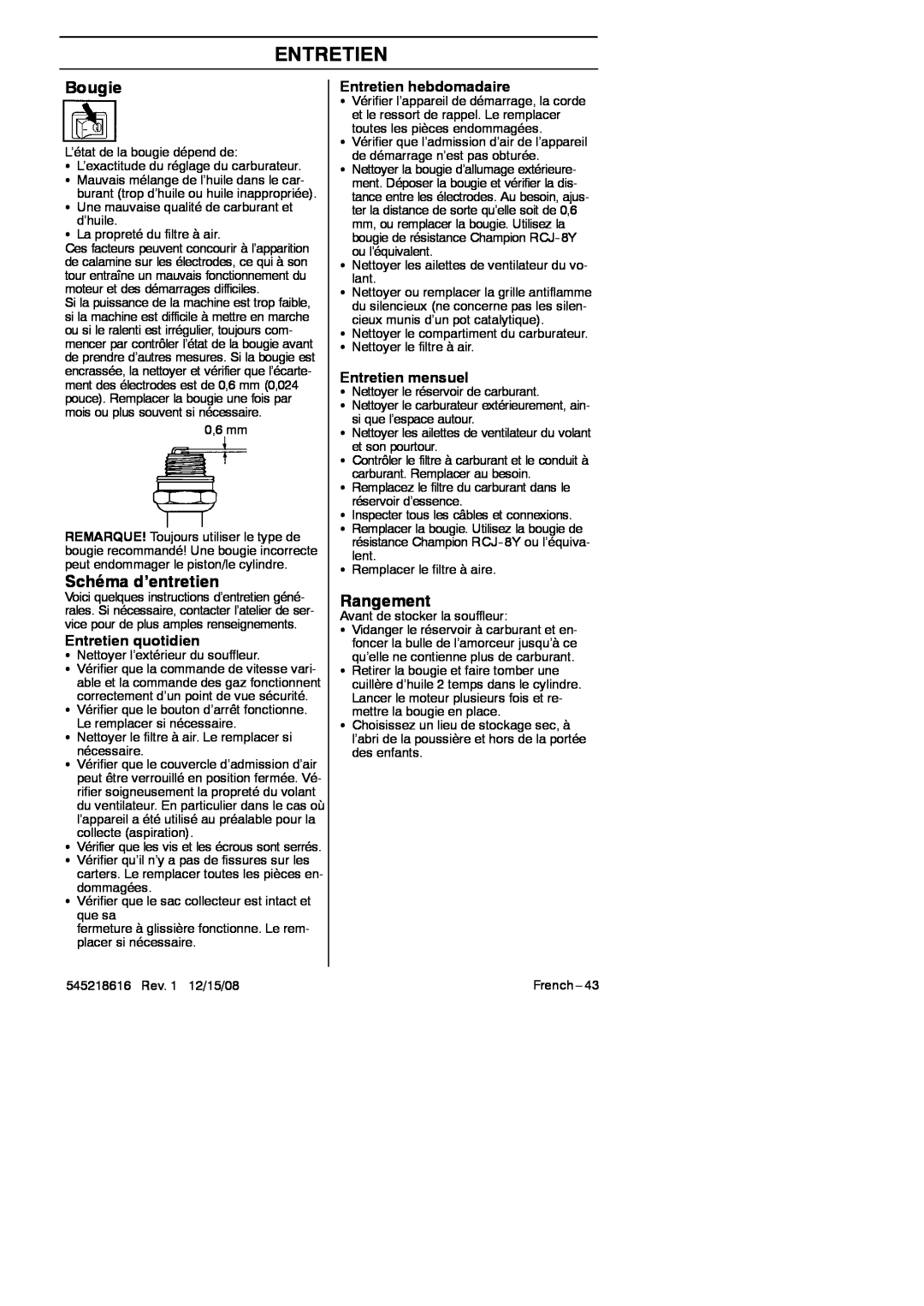 RedMax HB280 manual Bougie, Schéma d’entretien, Rangement, Entretien quotidien, Entretien hebdomadaire, Entretien mensuel 
