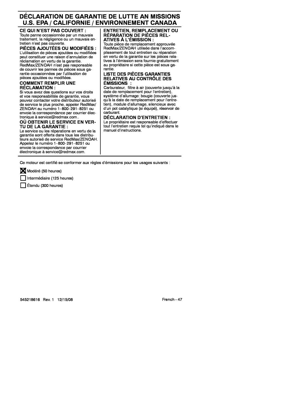 RedMax HB280 manual Ce Qui N’Est Pas Couvert, Pièces Ajoutées Ou Modifiées, Comment Remplir Une Réclamation 