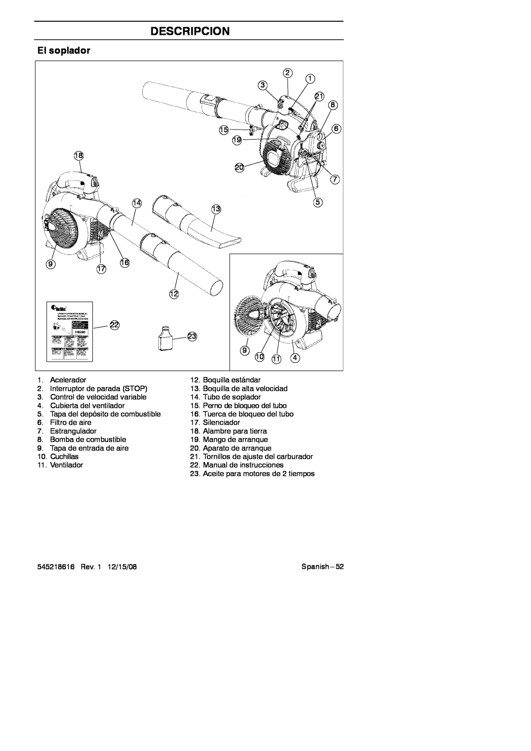 RedMax HB280 manual Descripcion, El soplador 