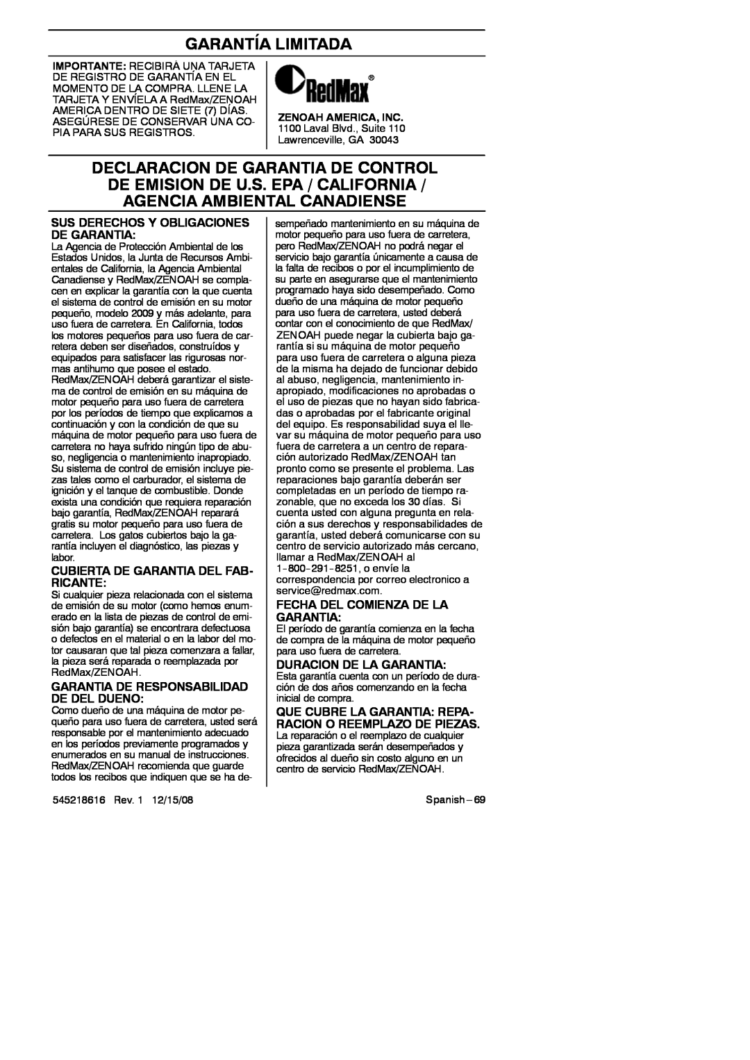 RedMax HB280 manual Sus Derechos Y Obligaciones De Garantia, Cubierta De Garantia Del Fab- Ricante, Duracion De La Garantia 