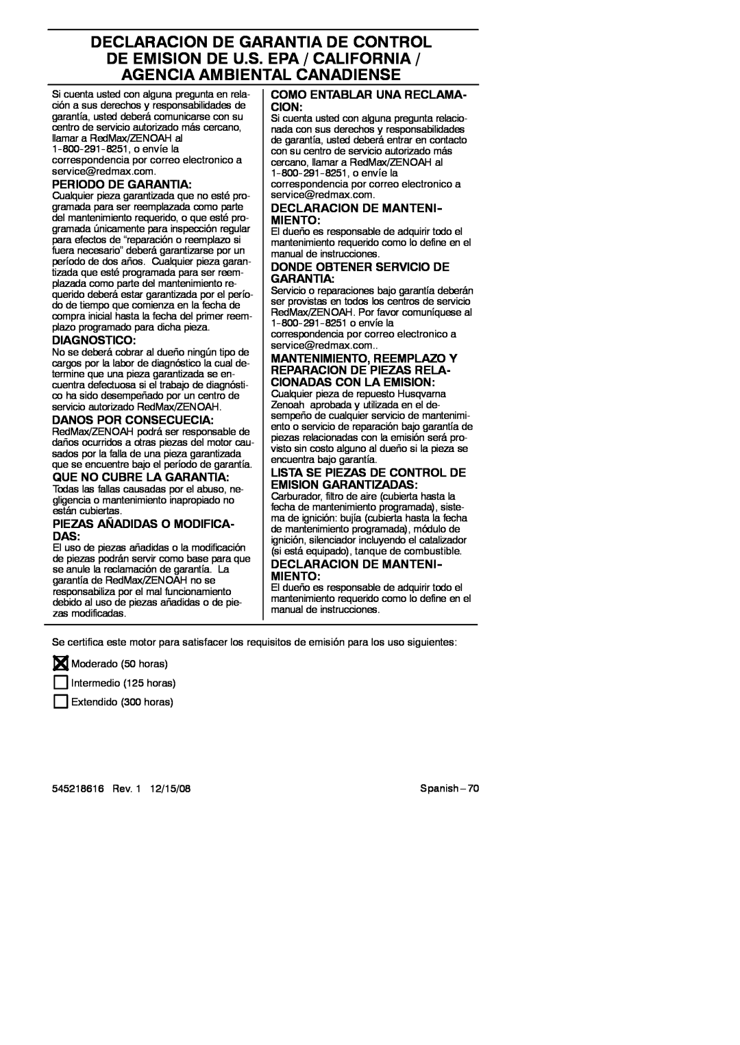 RedMax HB280 manual Periodo De Garantia, Diagnostico, Danos Por Consecuecia, Que No Cubre La Garantia 