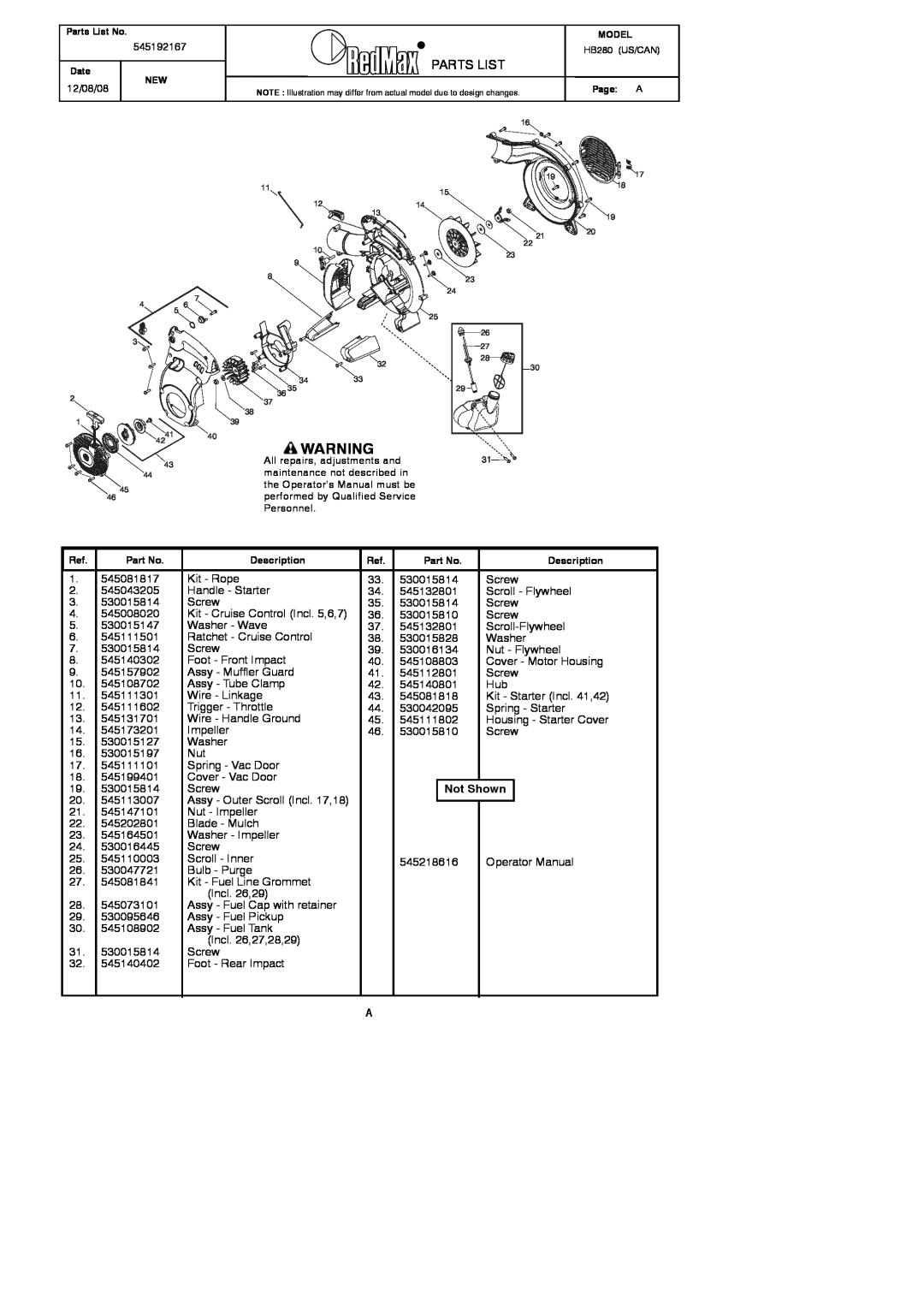 RedMax HB280 manual Parts List, Not Shown 