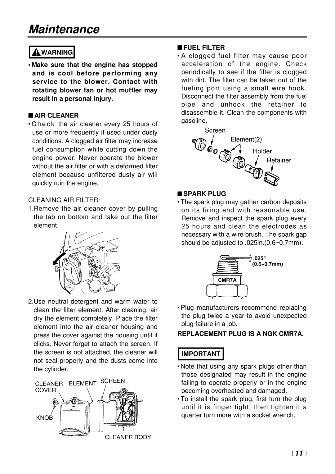 RedMax HBZ2500 manual Maintenance,  11  