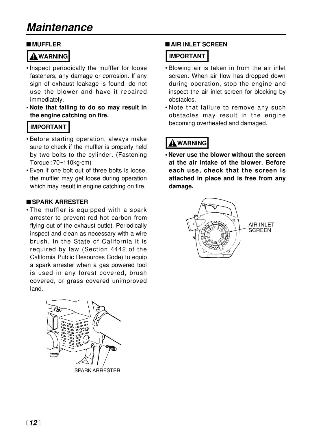 RedMax HBZ2500 manual  12 , Muffler, Spark Arrester, AIR Inlet Screen Important 