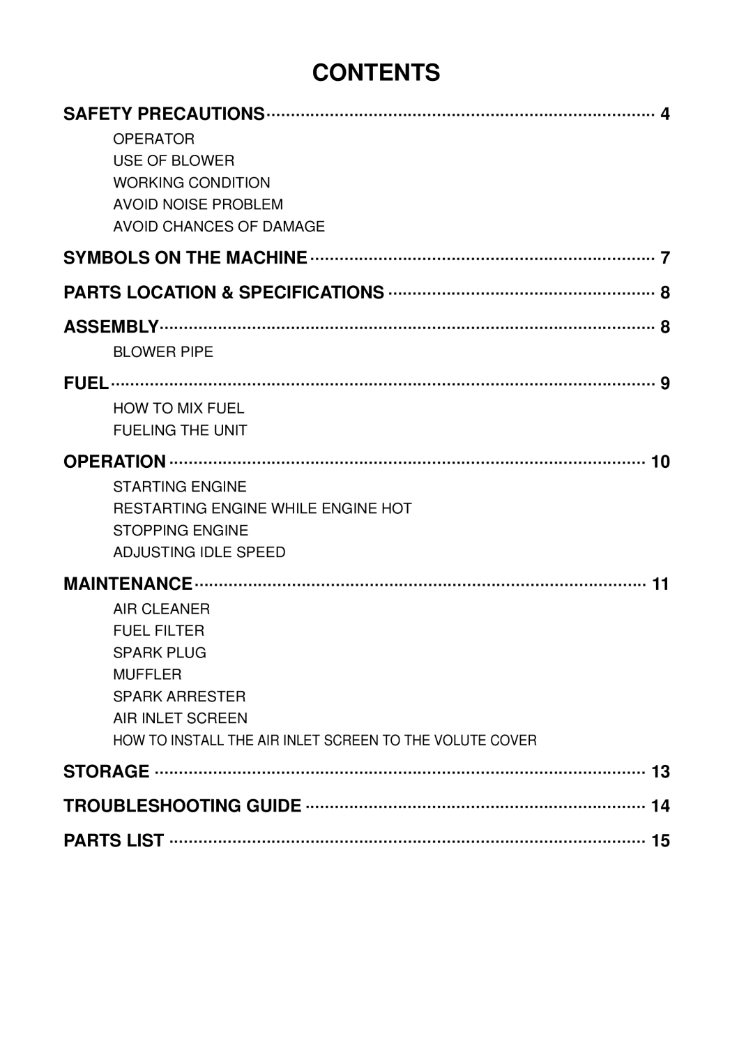 RedMax HBZ2500 manual Contents 