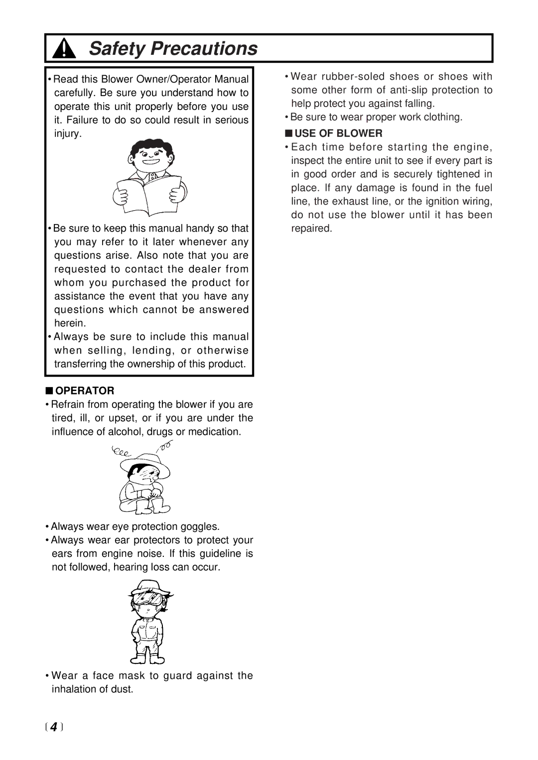 RedMax HBZ2500 manual Safety Precautions,  4 , Operator, USE of Blower 