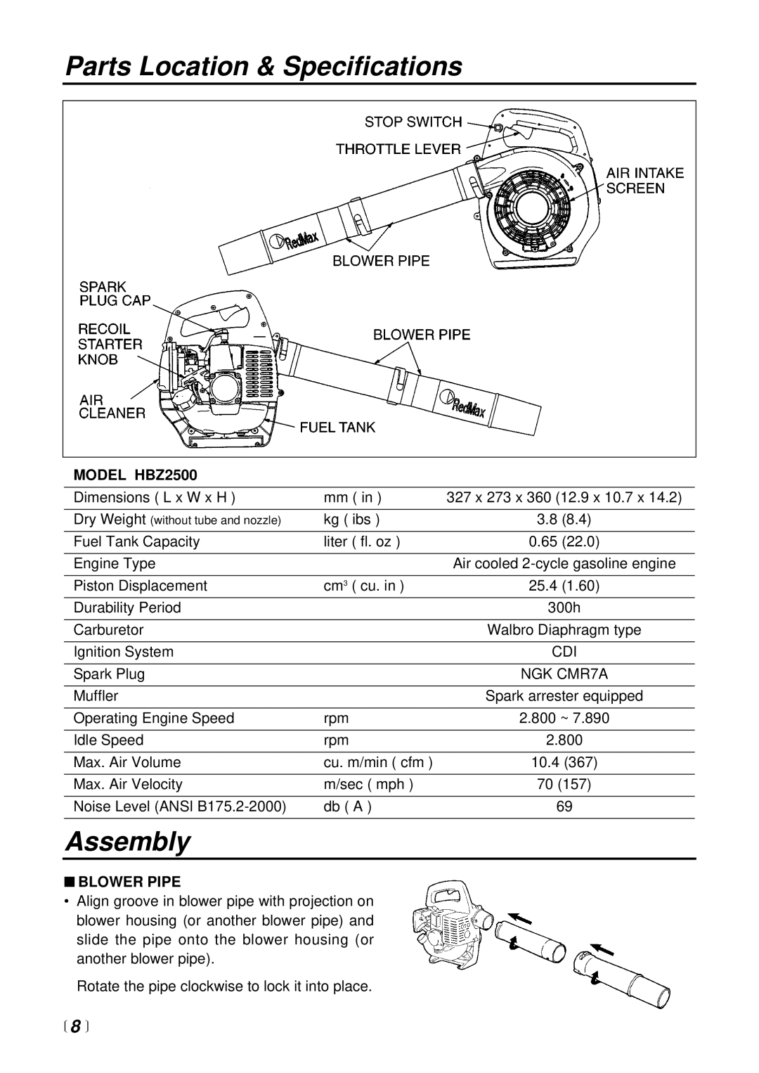 RedMax manual Parts Location & Specifications, Assembly,  8 , Model HBZ2500, Blower Pipe 