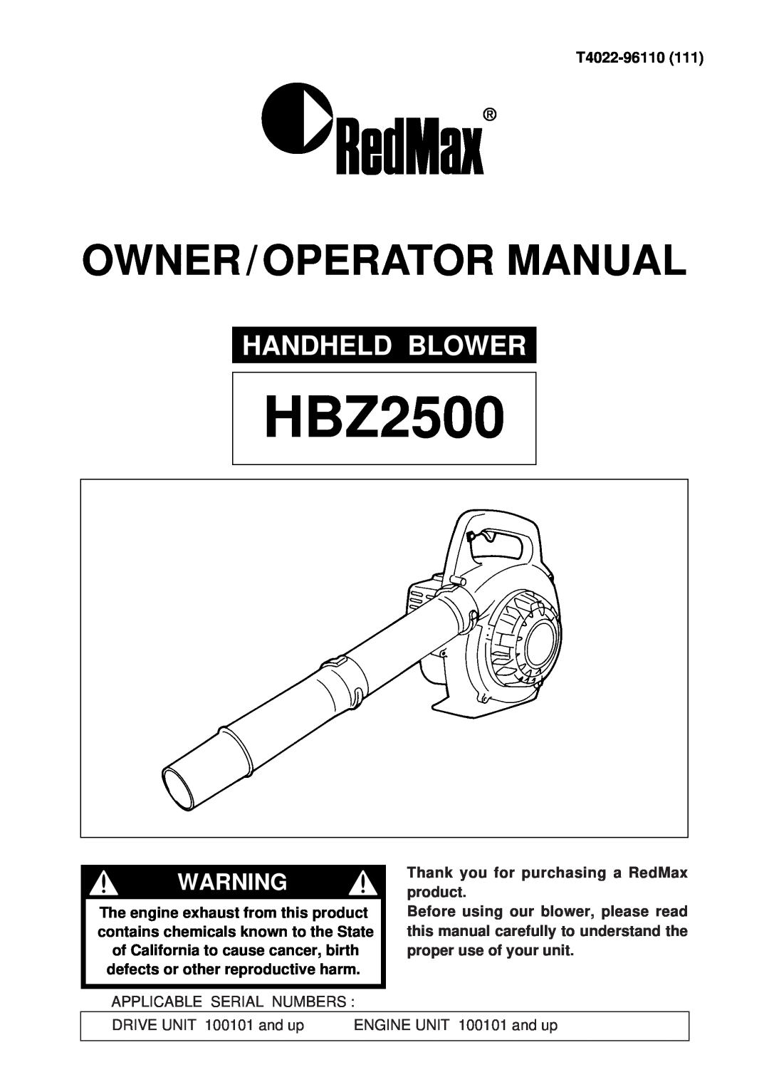 RedMax HBZ2500 manual Handheld Blower, Owner / Operator Manual, T4022-96110, Thank you for purchasing a RedMax product 