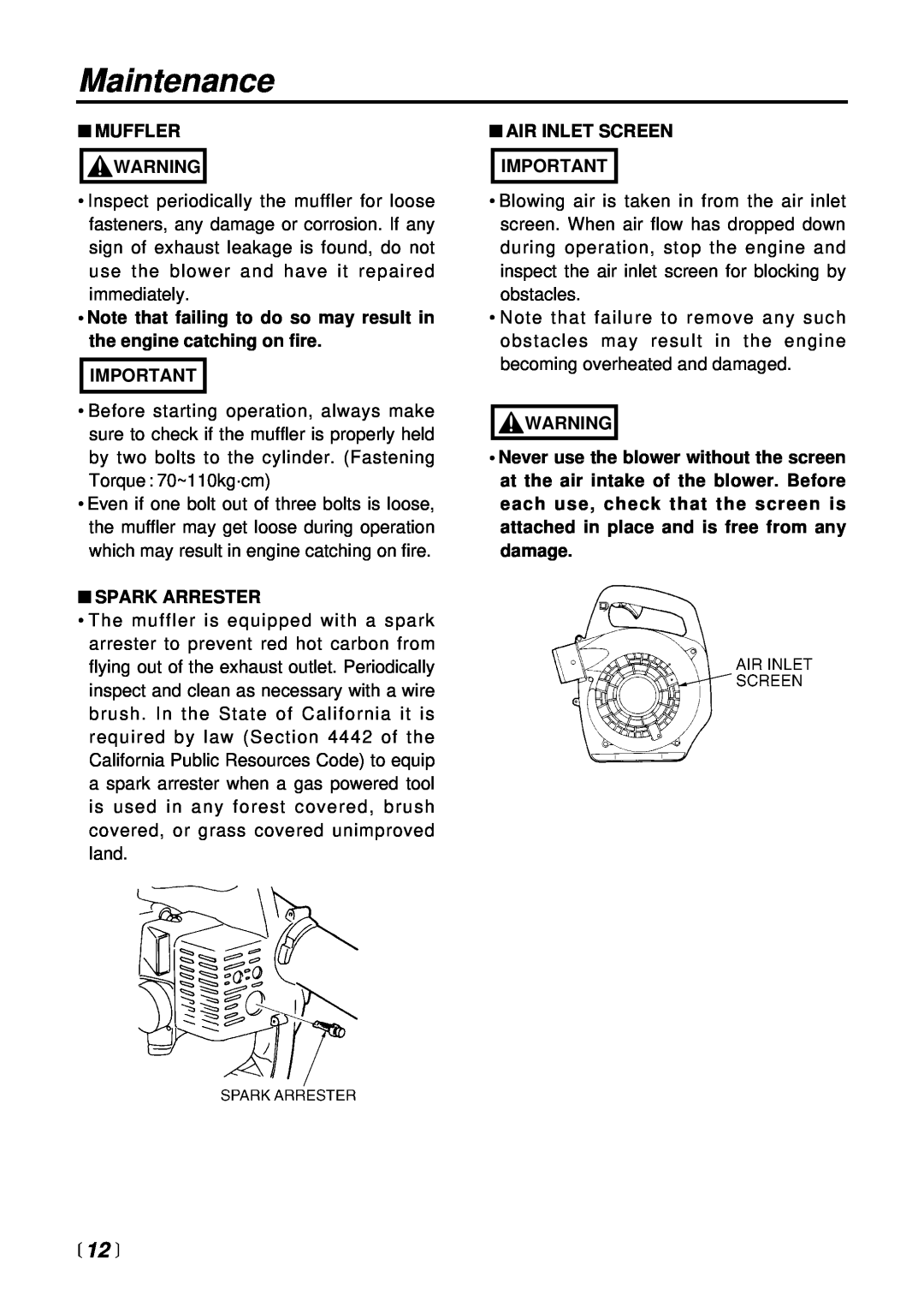 RedMax HBZ2500 manual  12 , Maintenance, Muffler, Note that failing to do so may result in the engine catching on fire 