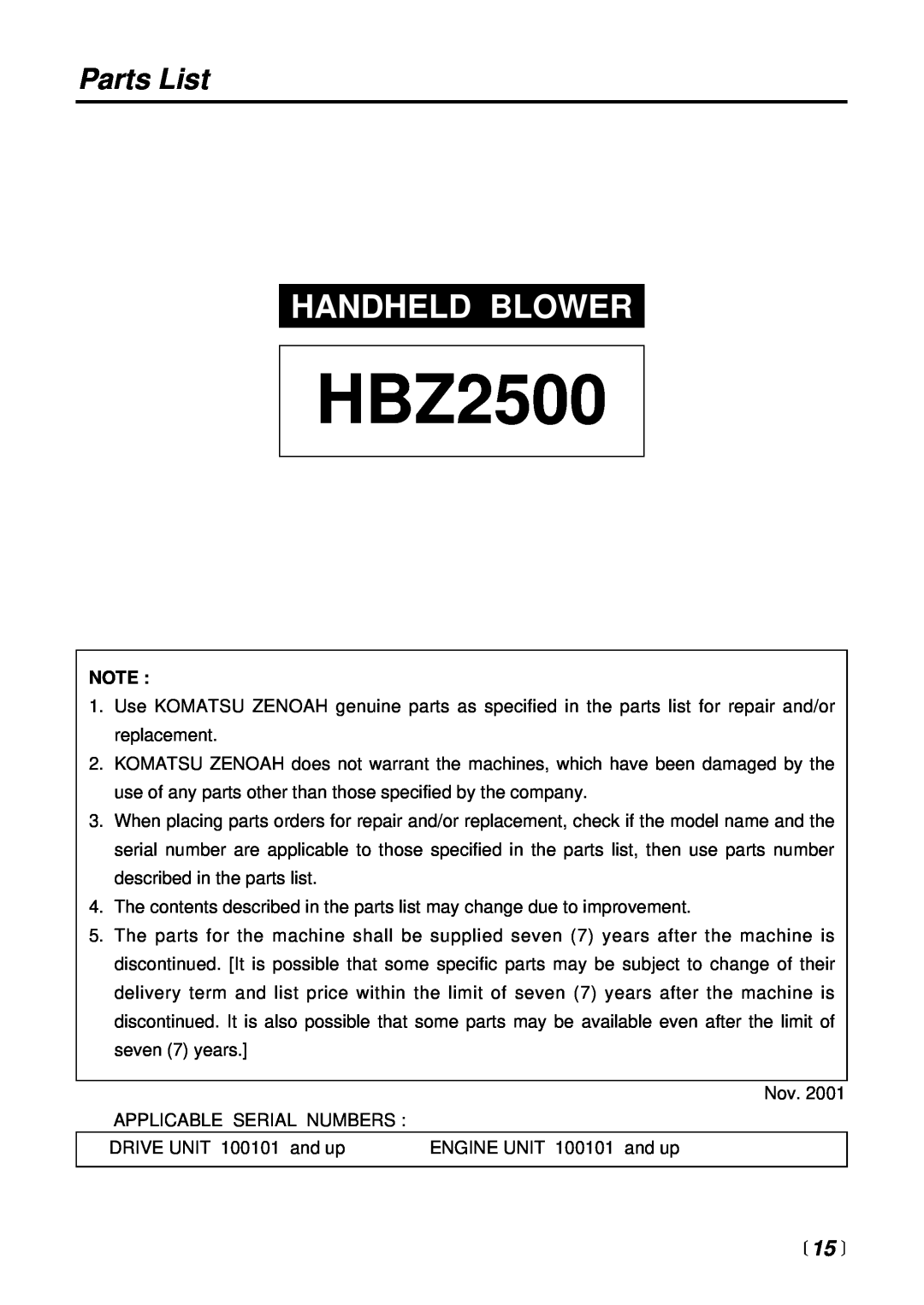 RedMax HBZ2500 manual Parts List,  15 , Handheld Blower 