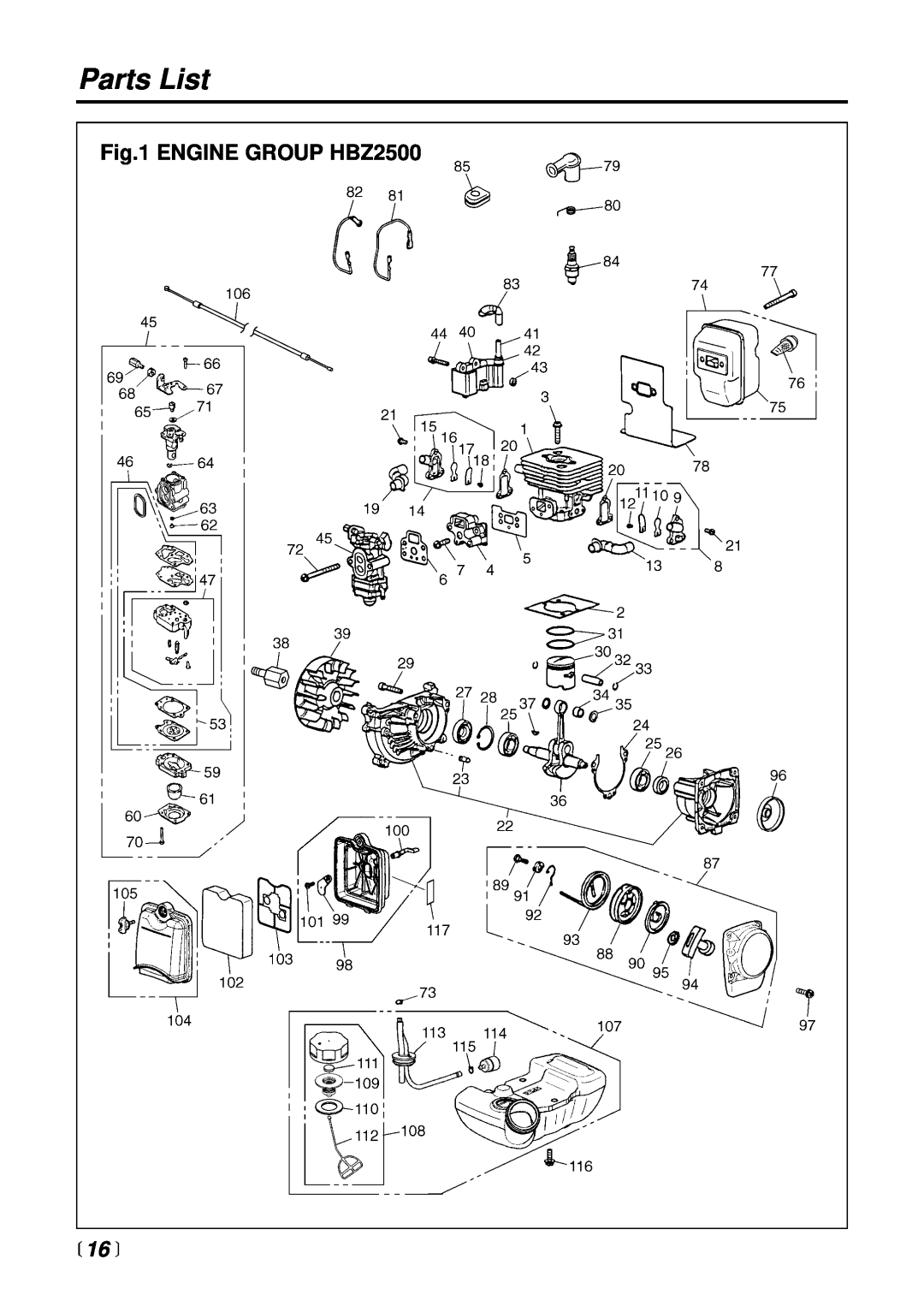 RedMax manual  16 , Parts List, ENGINE GROUP HBZ2500 