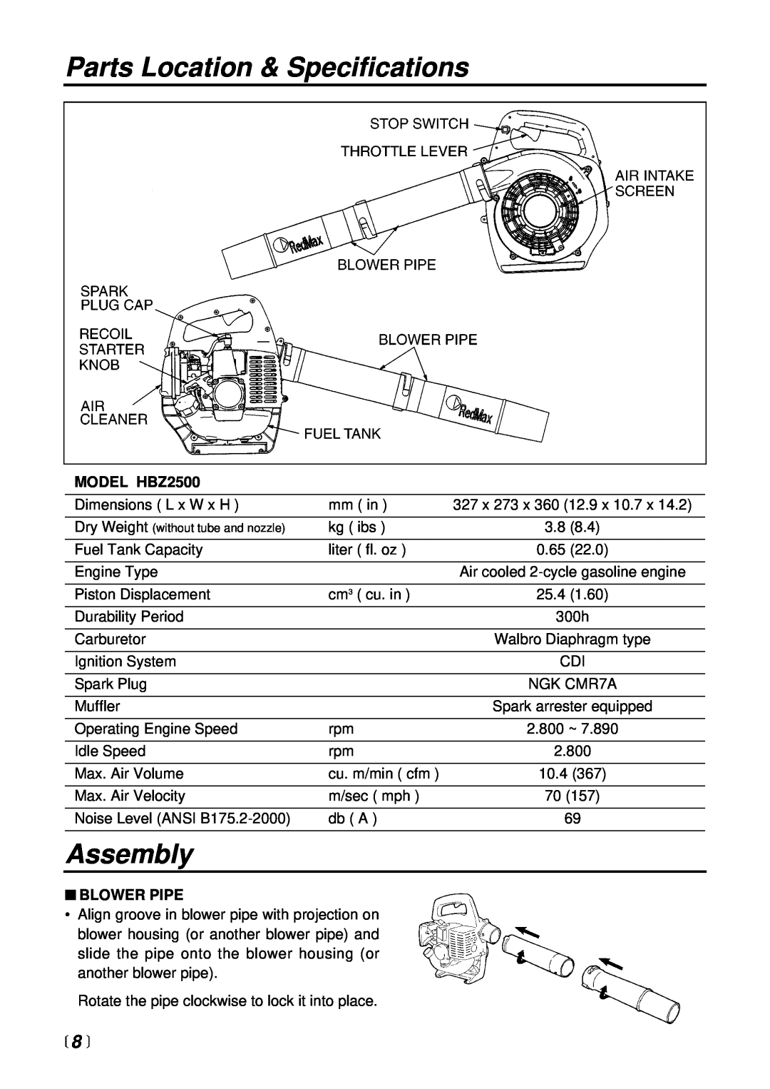 RedMax manual Parts Location & Specifications, Assembly,  8 , MODEL HBZ2500, Blower Pipe 