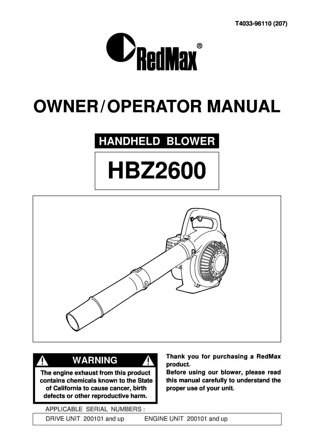 RedMax HBZ2600 manual Handheld Blower, Owner / Operator Manual, T4033-96110207, Thank you for purchasing a RedMax product 