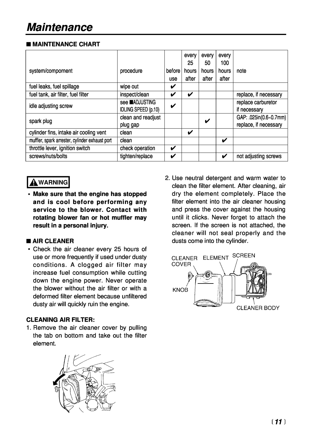 RedMax HBZ2600 manual 11 , Maintenance Chart, Air Cleaner, Cleaning Air Filter 