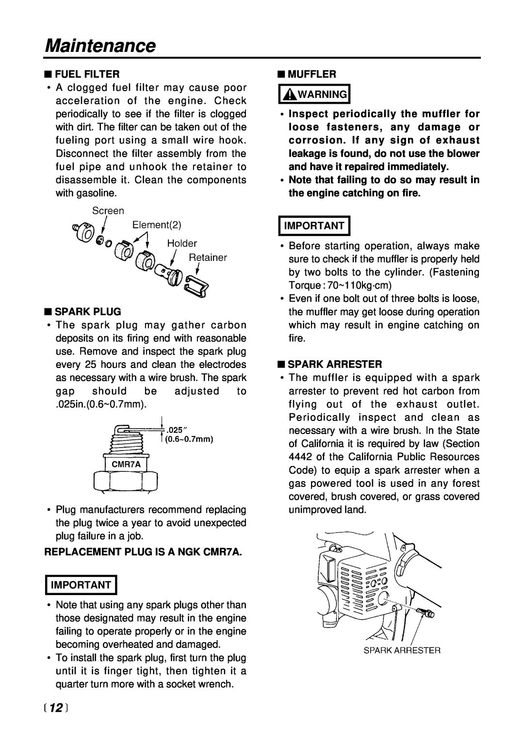 RedMax HBZ2600 manual 12 , Maintenance, Fuel Filter, Spark Plug, REPLACEMENT PLUG IS A NGK CMR7A, Muffler, Spark Arrester 