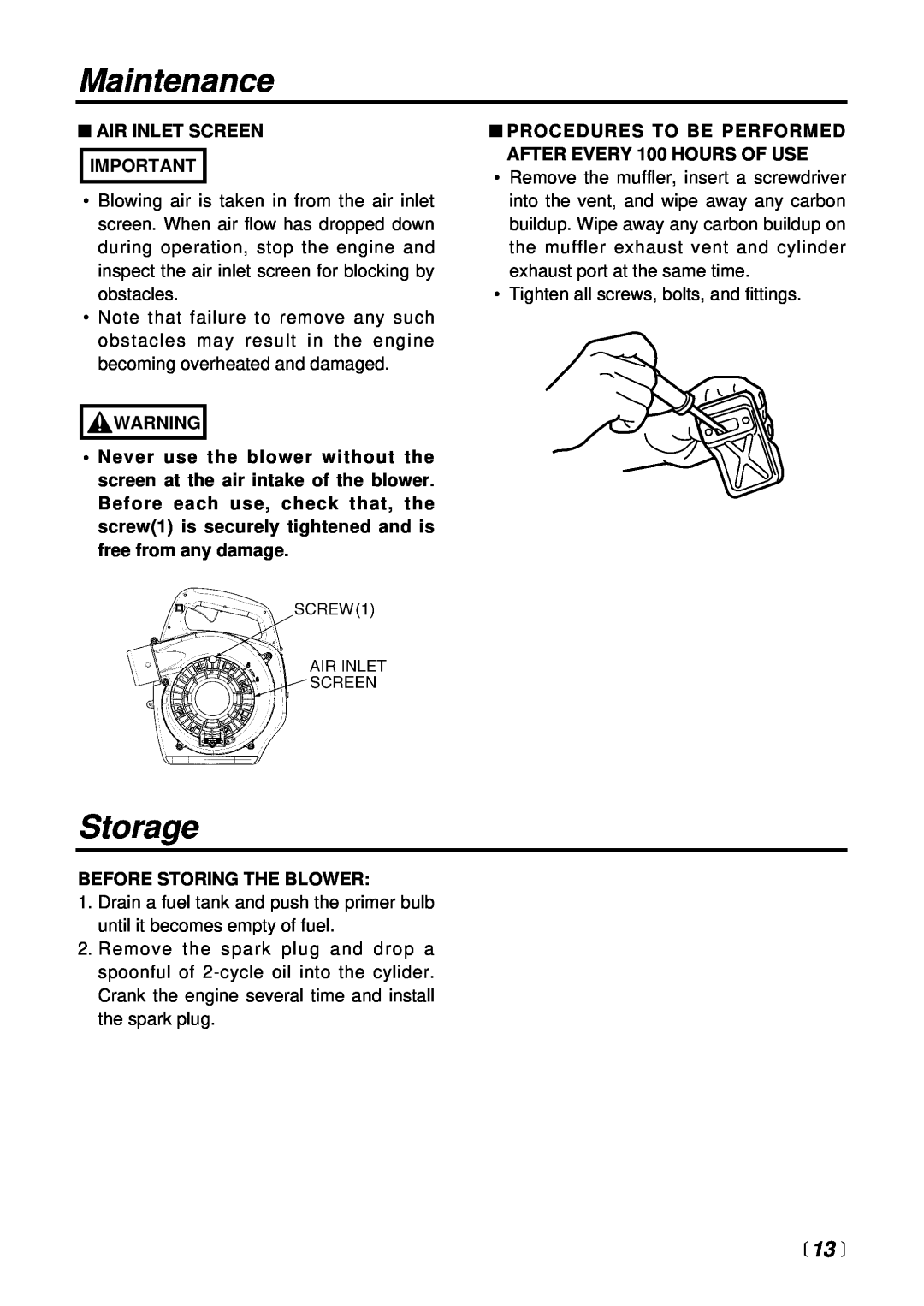 RedMax HBZ2600 manual Storage, 13 , Maintenance, Air Inlet Screen Important, Before Storing The Blower 