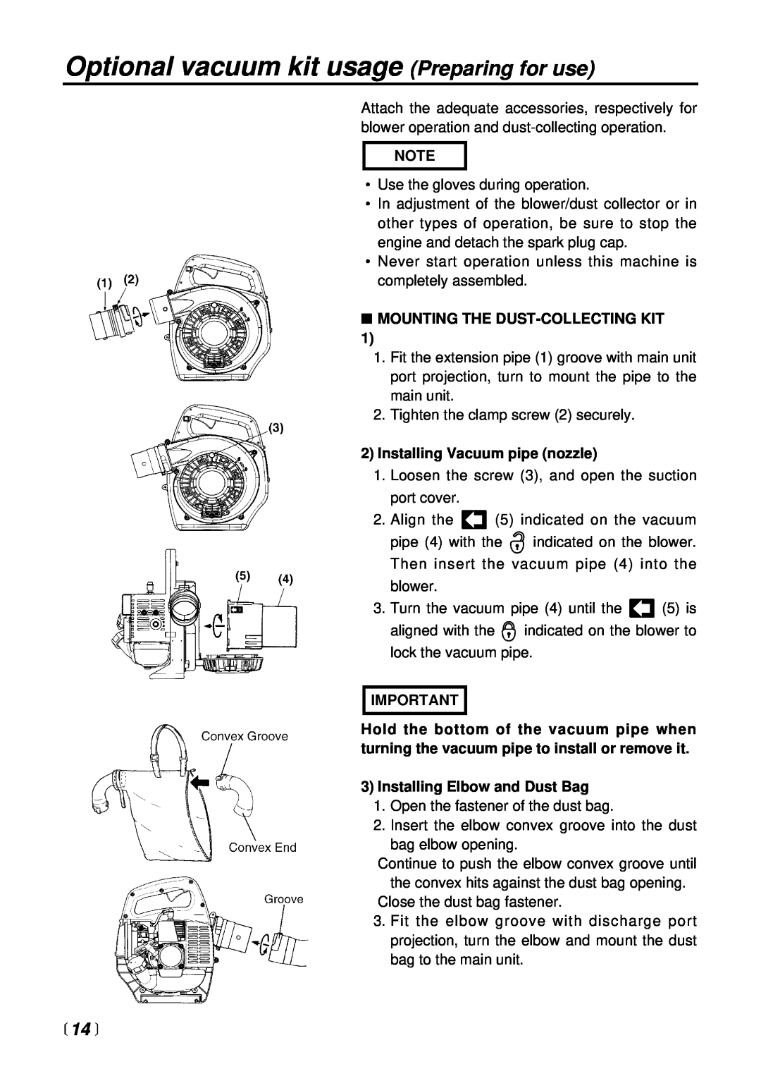 RedMax HBZ2600 manual Optional vacuum kit usage Preparing for use, 14 , Mounting The Dust-Collectingkit 