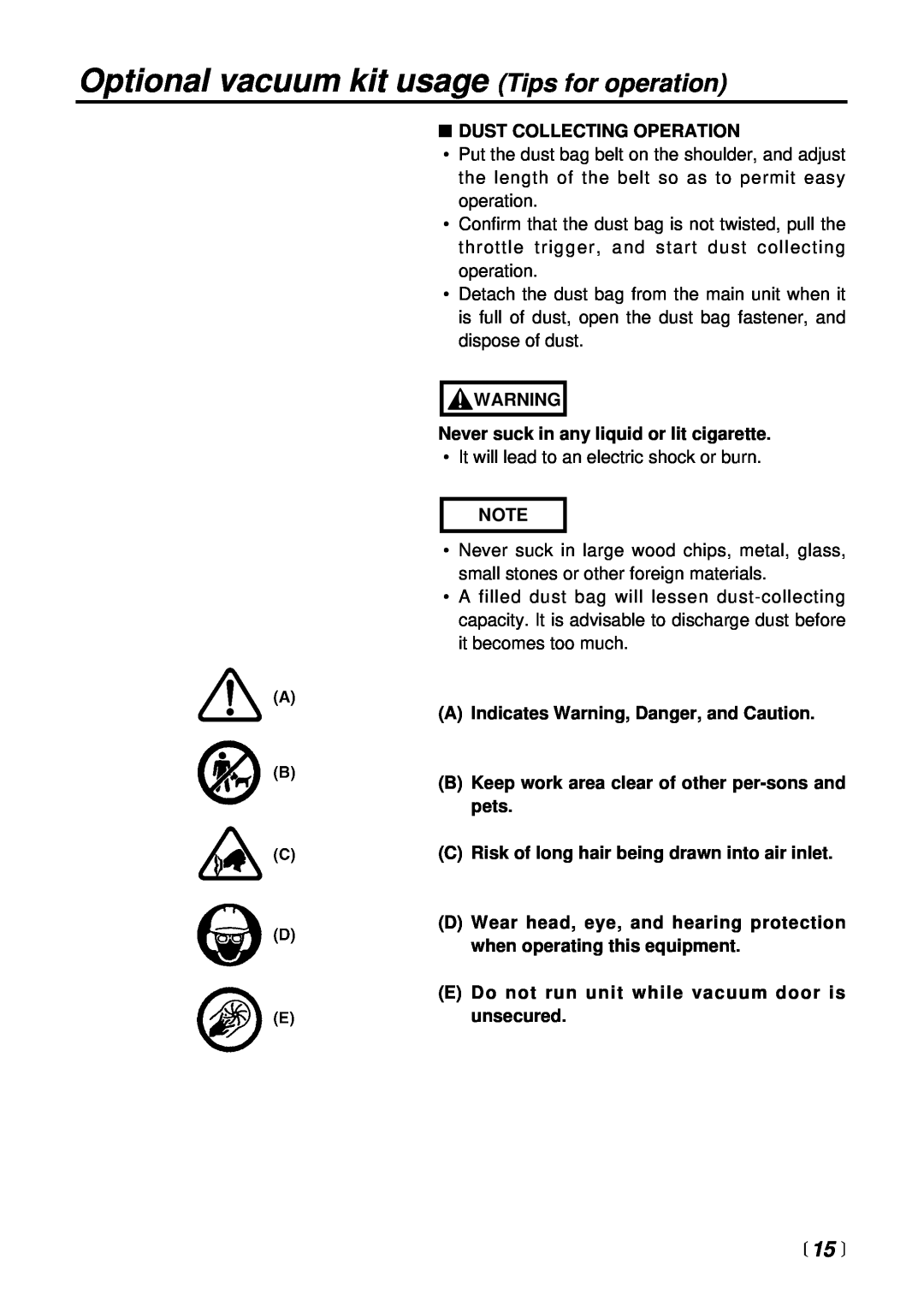 RedMax HBZ2600 manual Optional vacuum kit usage Tips for operation, 15 , Dust Collecting Operation 