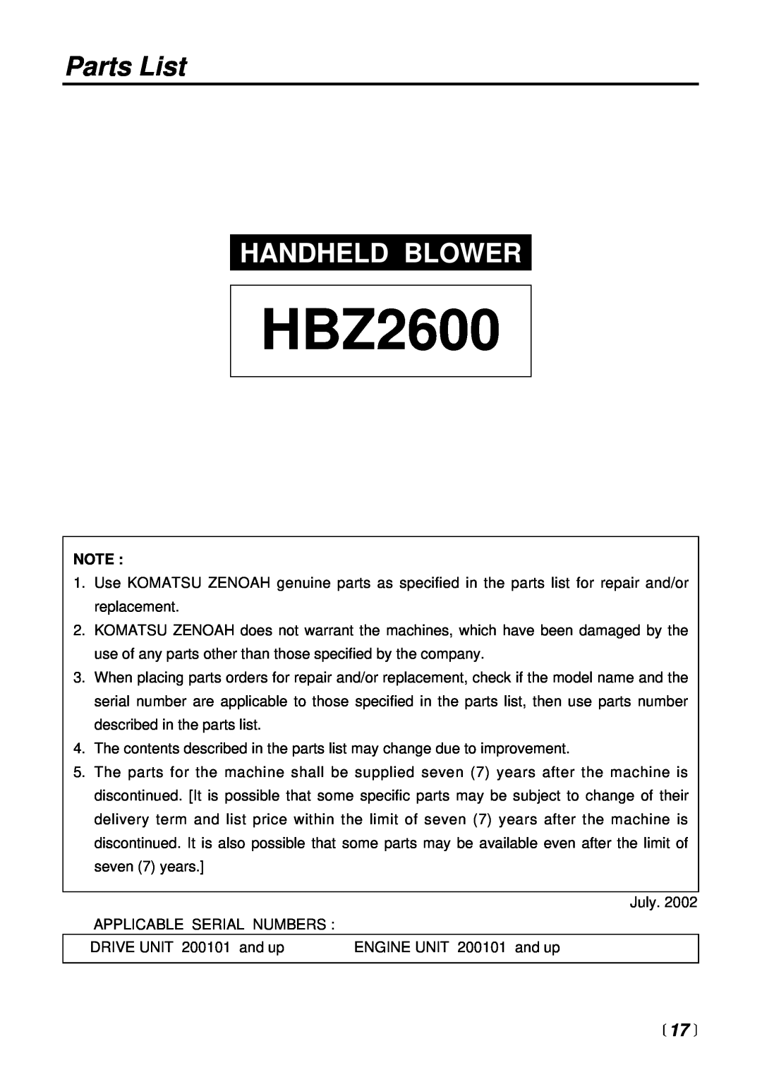RedMax HBZ2600 manual Parts List, 17 , Handheld Blower 
