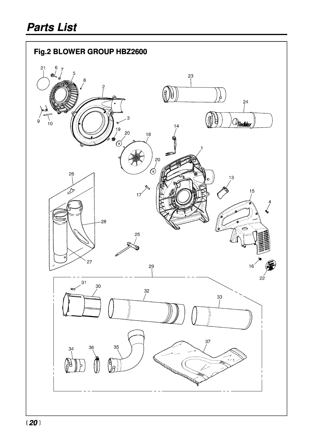 RedMax manual 20 , Parts List, BLOWER GROUP HBZ2600 