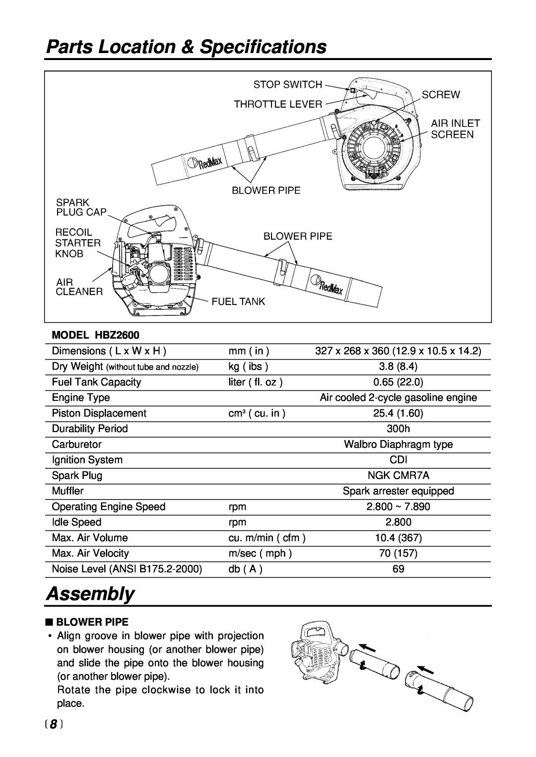 RedMax manual Parts Location & Specifications, Assembly, 8 , MODEL HBZ2600, Blower Pipe 