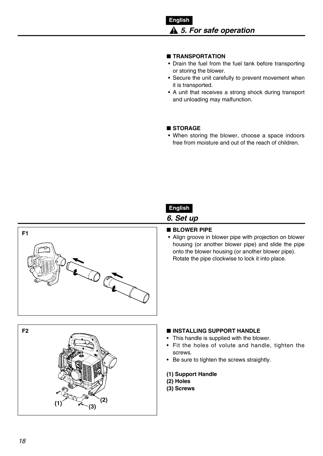 RedMax HBZ2601-CA manual Set up, Transportation, Storage, Blower Pipe, Installing Support Handle 