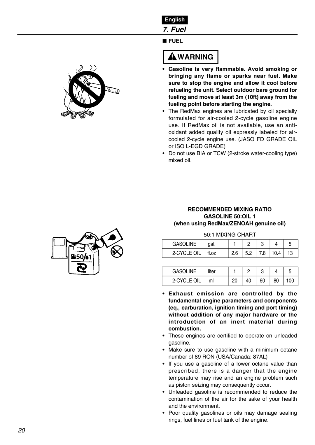 RedMax HBZ2601-CA manual Fuel, Recommended Mixing Ratio Gasoline 50OIL, When using RedMax/ZENOAH genuine oil 