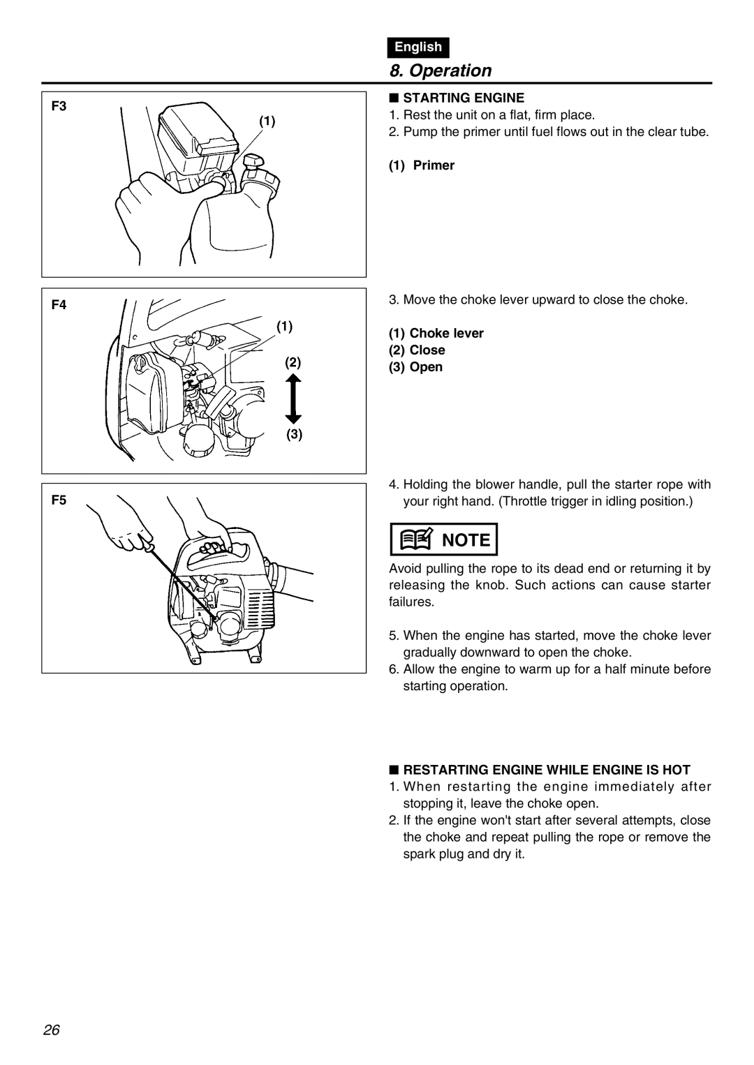 RedMax HBZ2601-CA manual Operation, Starting Engine, Primer, Choke lever Close Open, Restarting Engine While Engine is HOT 