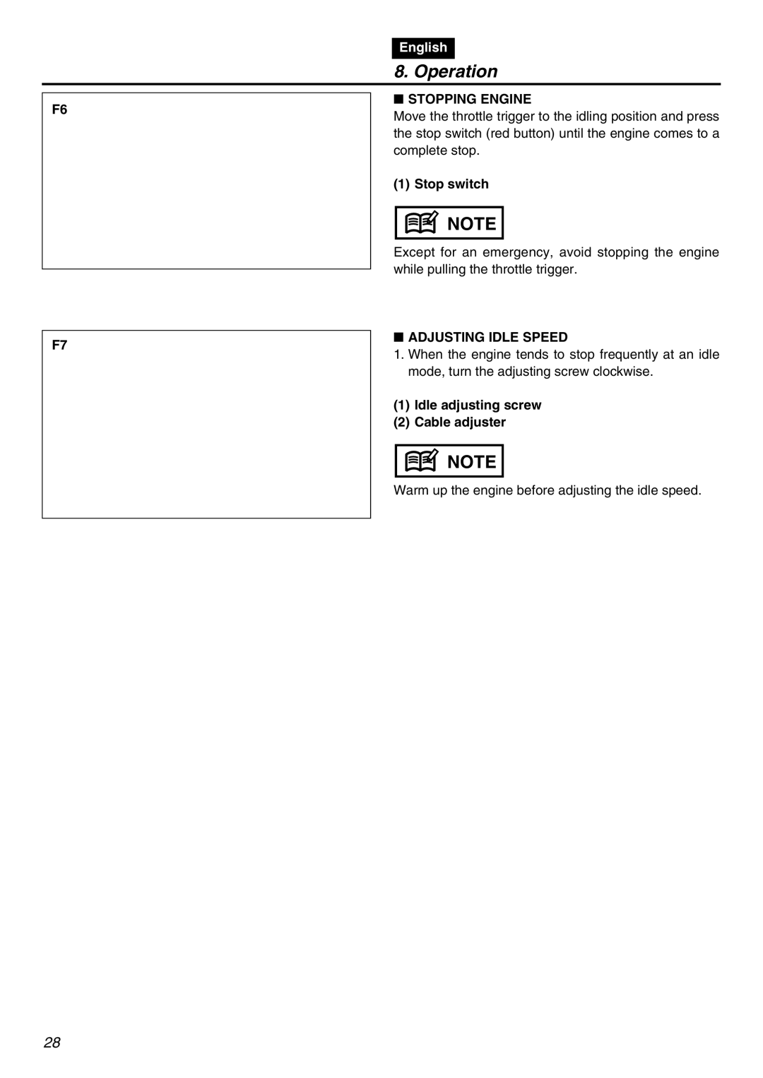 RedMax HBZ2601-CA manual Stopping Engine, Adjusting Idle Speed, Idle adjusting screw Cable adjuster 