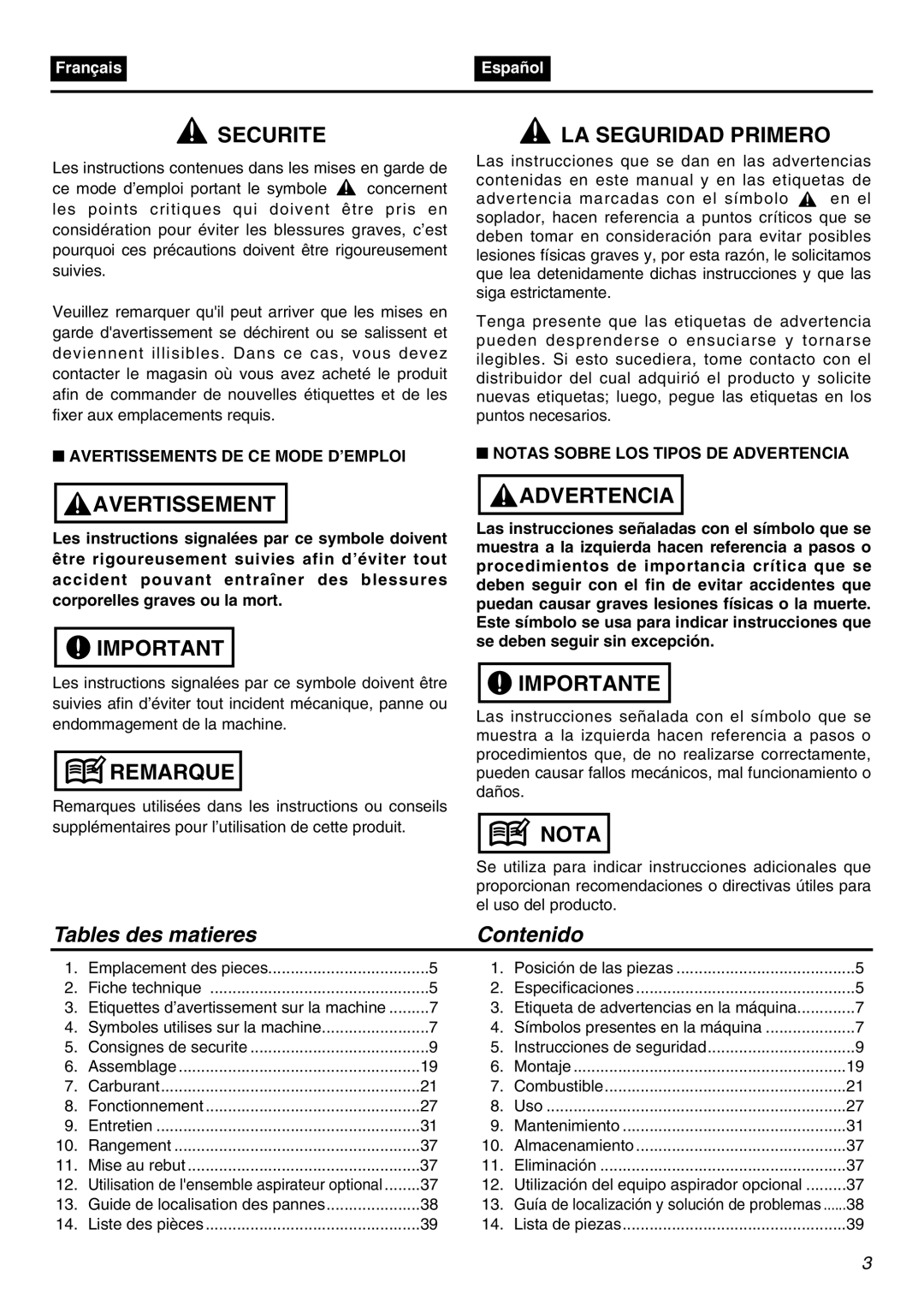 RedMax HBZ2601-CA Tables des matieres Contenido, Avertissements DE CE Mode D’EMPLOI, Notas Sobre LOS Tipos DE Advertencia 