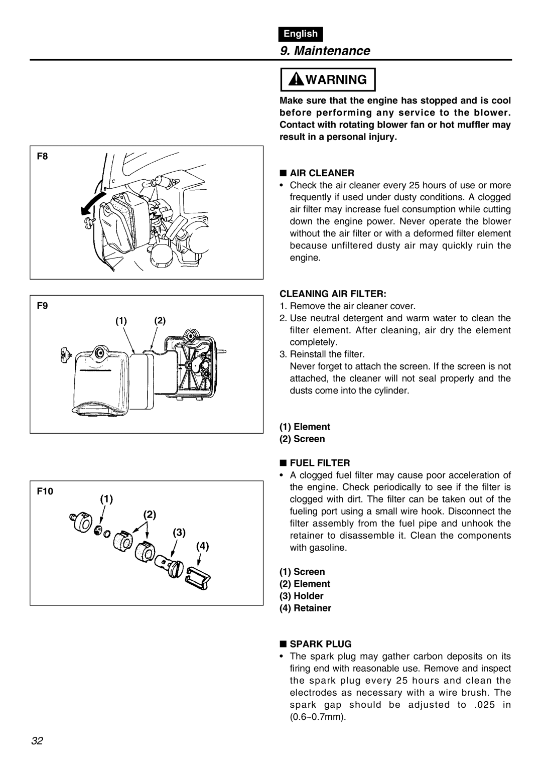 RedMax HBZ2601-CA manual AIR Cleaner, Cleaning AIR Filter, Fuel Filter, Spark Plug 