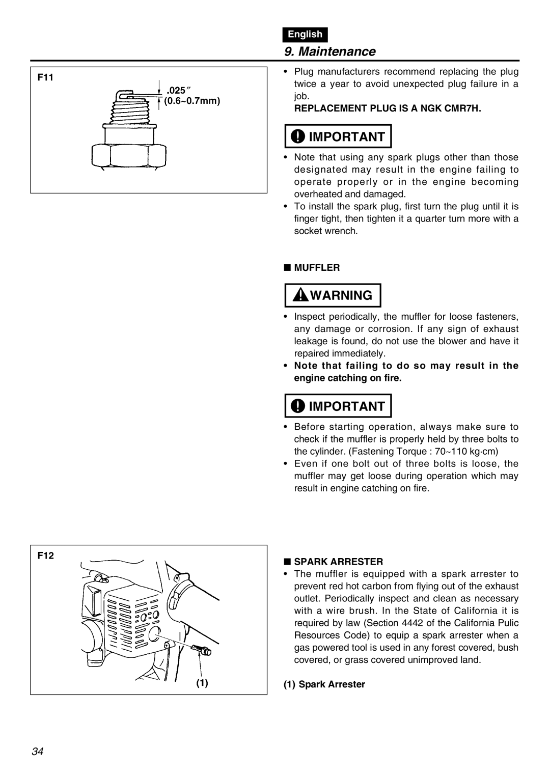 RedMax HBZ2601-CA manual F11 F12, Replacement Plug is a NGK CMR7H, Muffler, Spark Arrester 