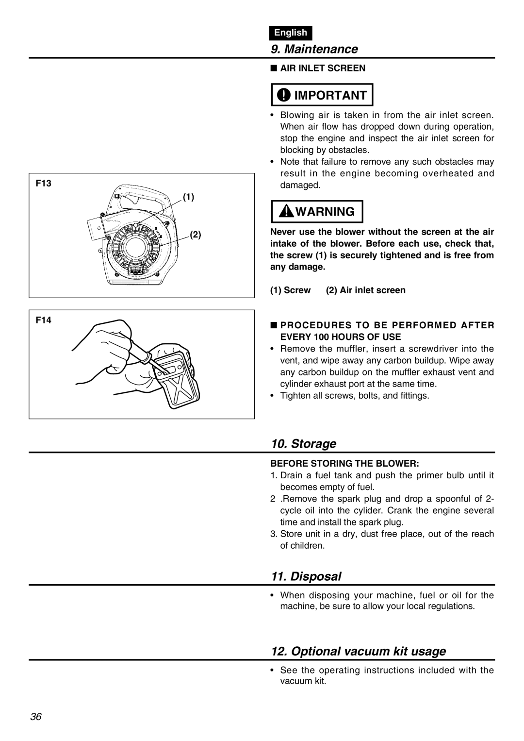 RedMax HBZ2601-CA manual Storage, Disposal, Optional vacuum kit usage 