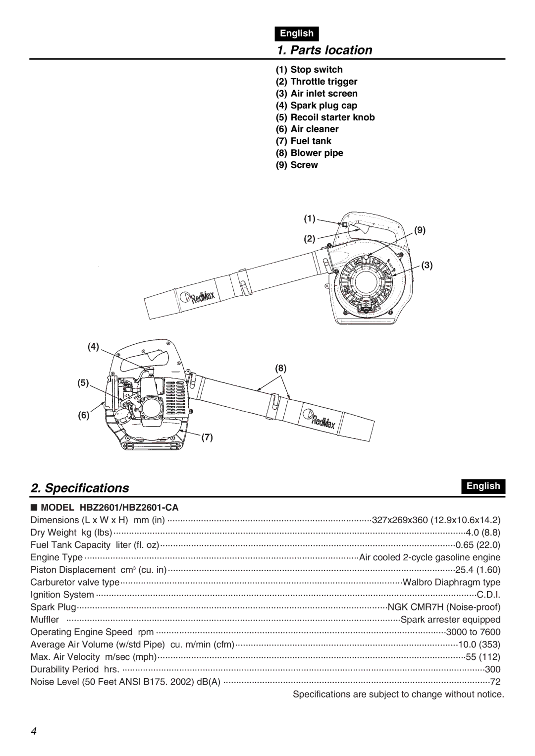 RedMax HBZ2601-CA manual Parts location, Specifications 